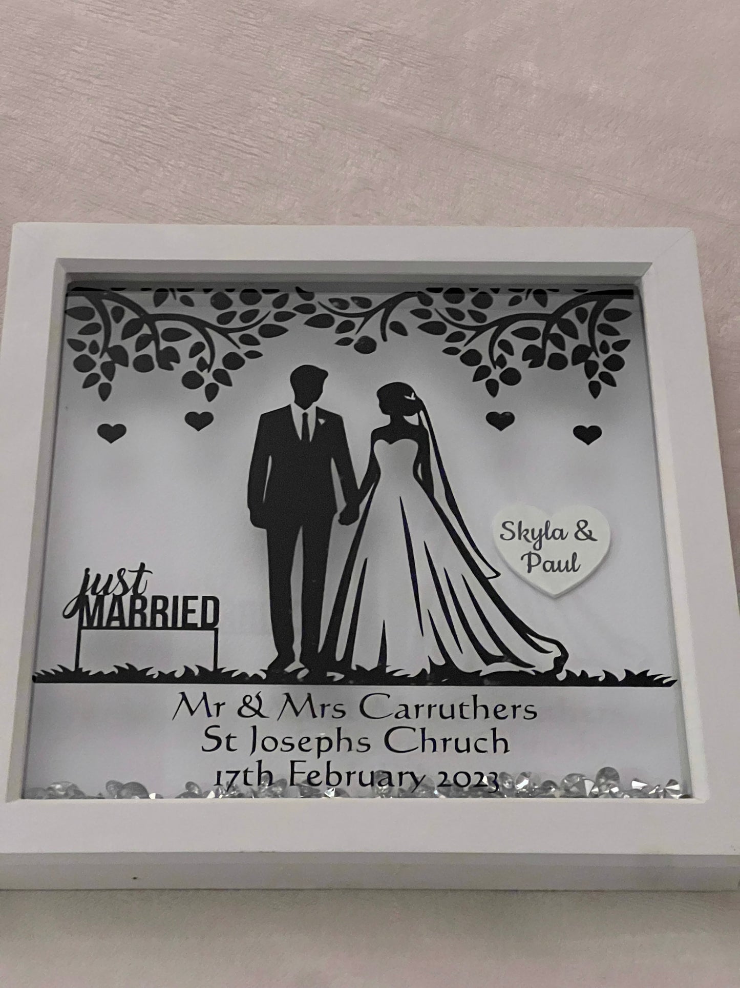 Mr and Mrs. handmade personalised wedding deep box frame with heart. Perfect wedding gift Bride and Groom.