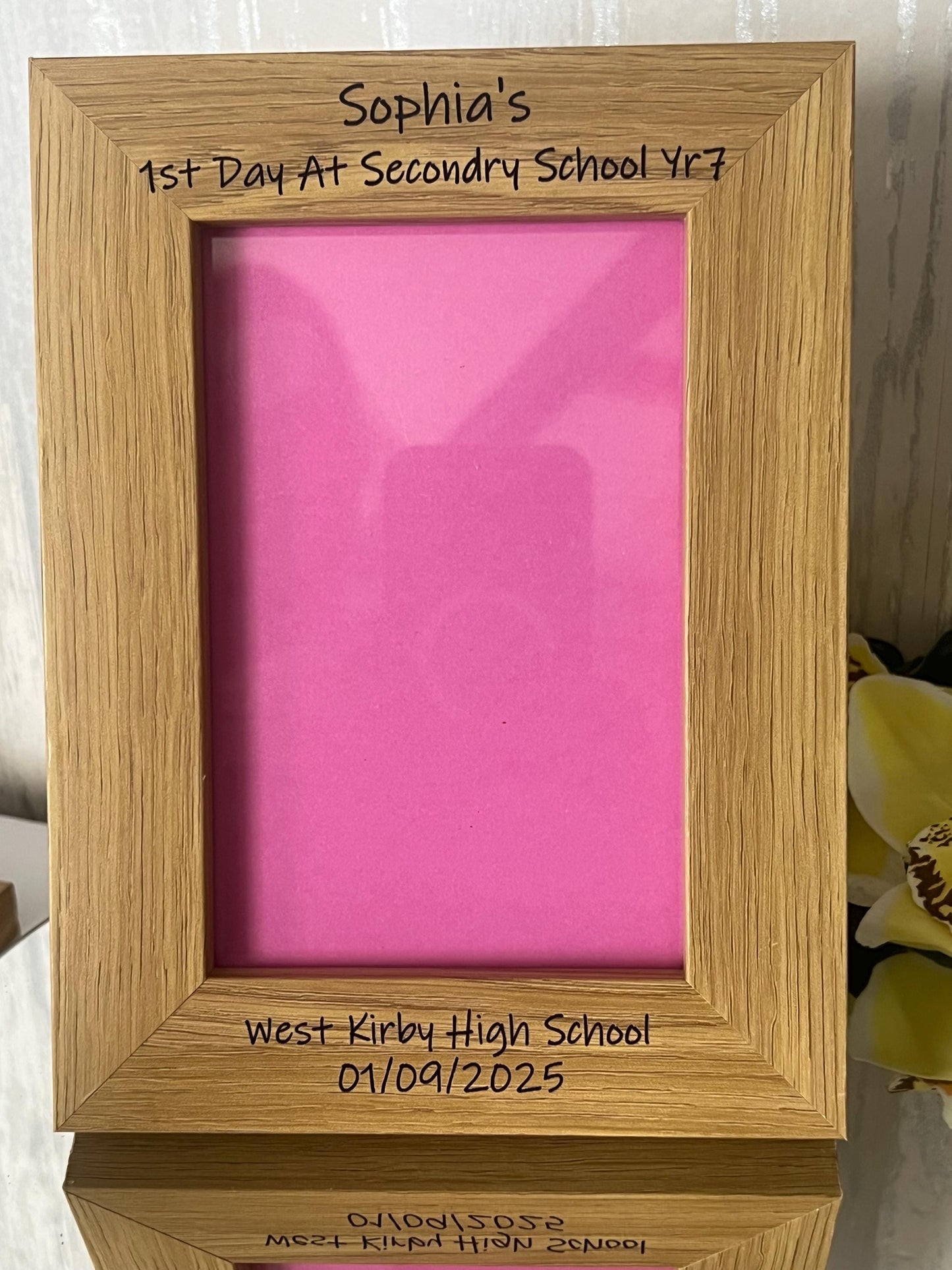 1st day of school photo frame. School photo. Personalised lovely oak effect engraved photo frame holds 6x4 photo. Any words.