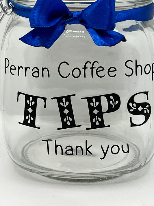 Personalised Tips jar Money Box . Savings jar . Business tips jar , hairdressers, cafes etc. 2 sizes ….Money jar, coins and notes.