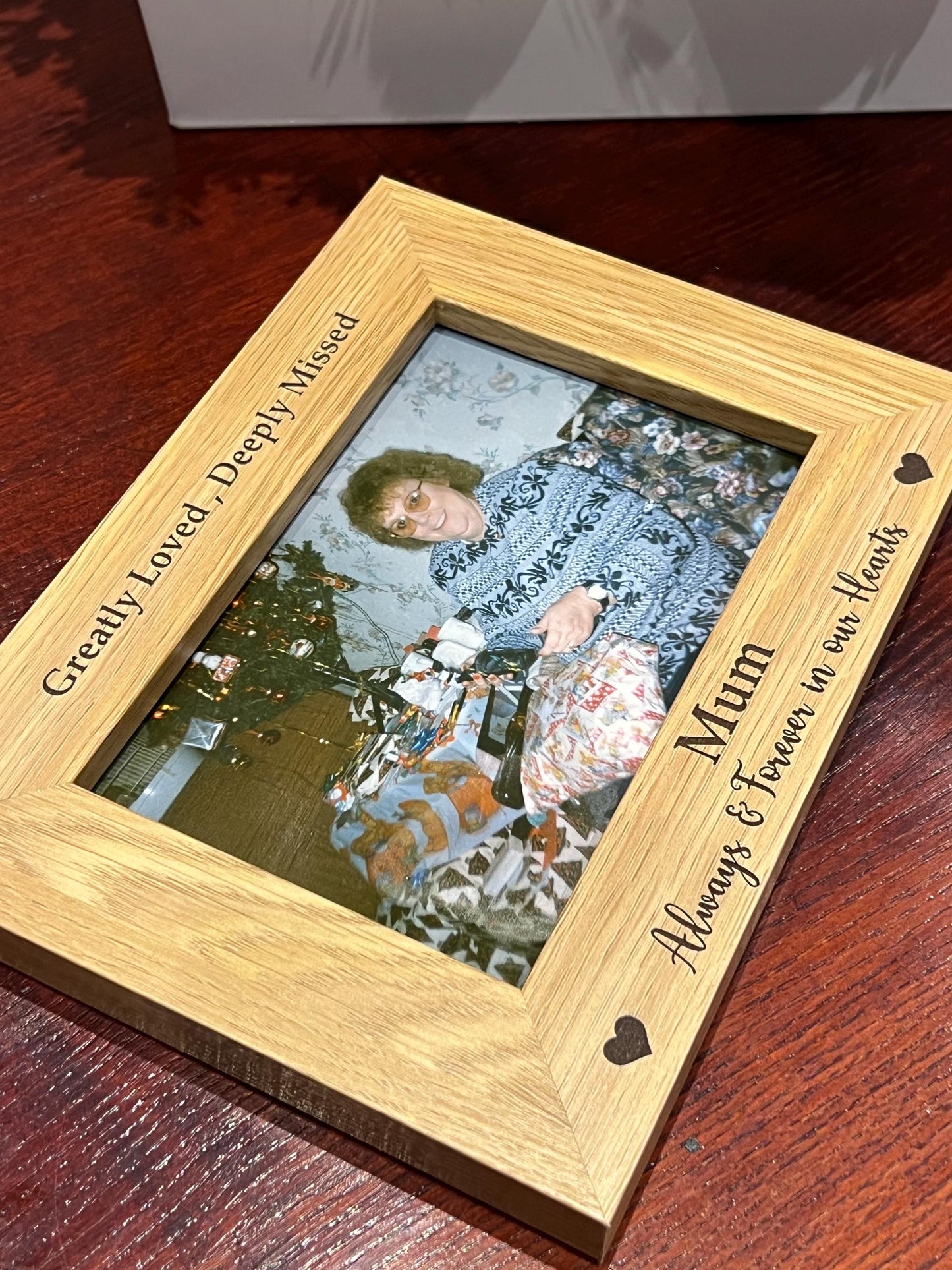 Personalised memorial photo frame. Engraved Mum , Dad, ANY Name or Words …holds 6x4 photo of your loved one. Oak effect.