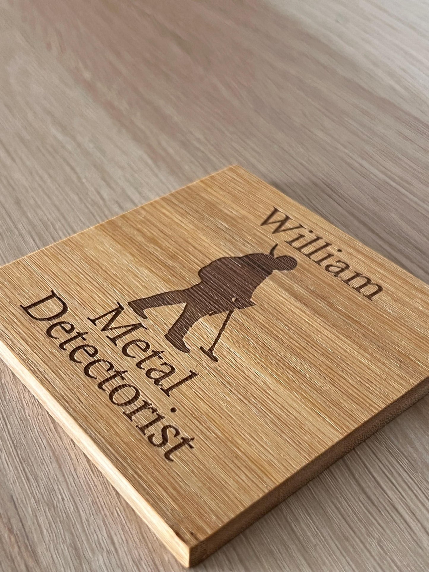 Personalised wooden engraved coaster. Metal detector with name. Metal Detectorist. great gift. Birthday, Hobby, anniversary.