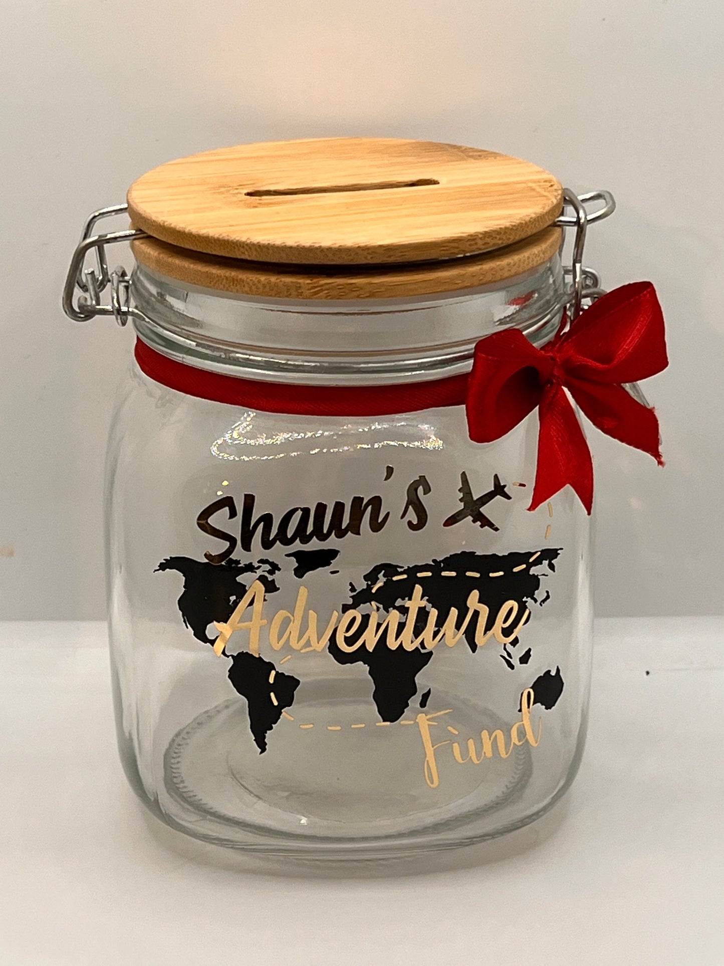 Personalised Honeymoon fund glass jar Money Box . Savings jar . Piggy bank with money slot.