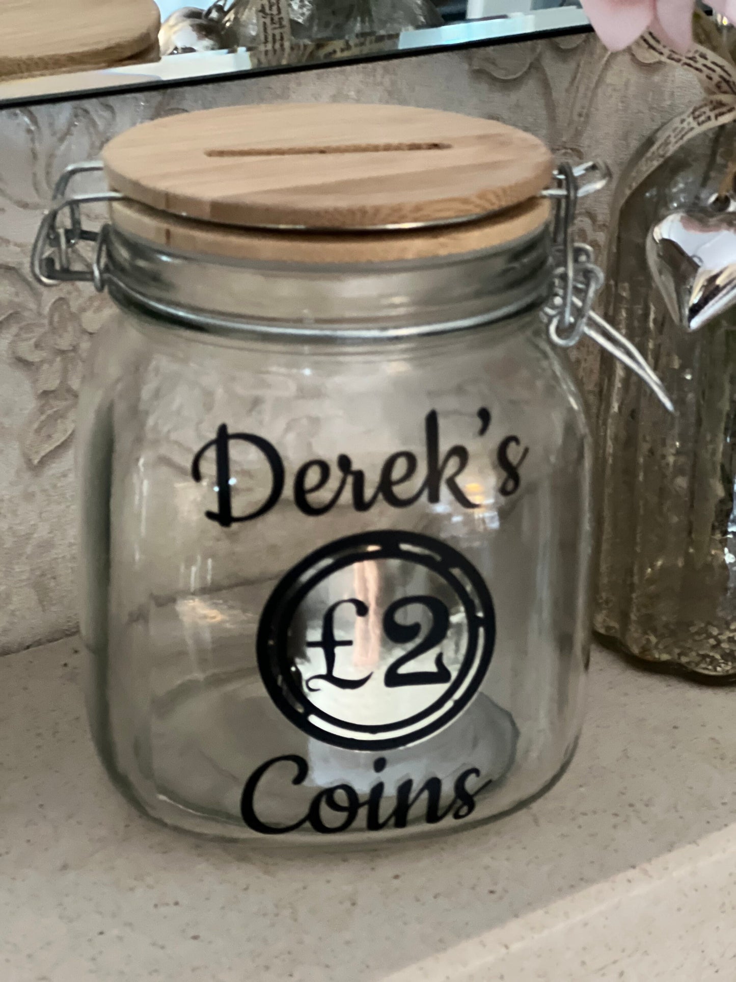 Personalised 1 or 2 pound coin jar,Money Box . Piggy bank with money slot. Can be any name and coin of your choice.savings jar