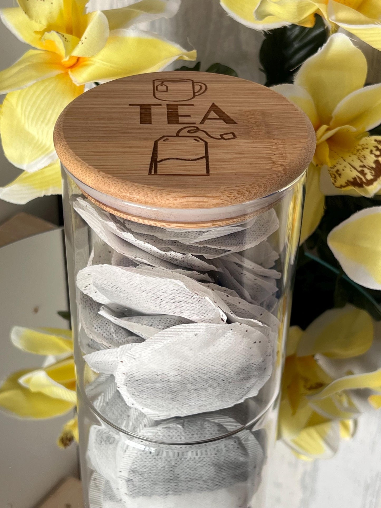 Engraved Tea Coffee and Sugar canister set or individual. Glass storage with engraved airtight bamboo lid. visual aid
