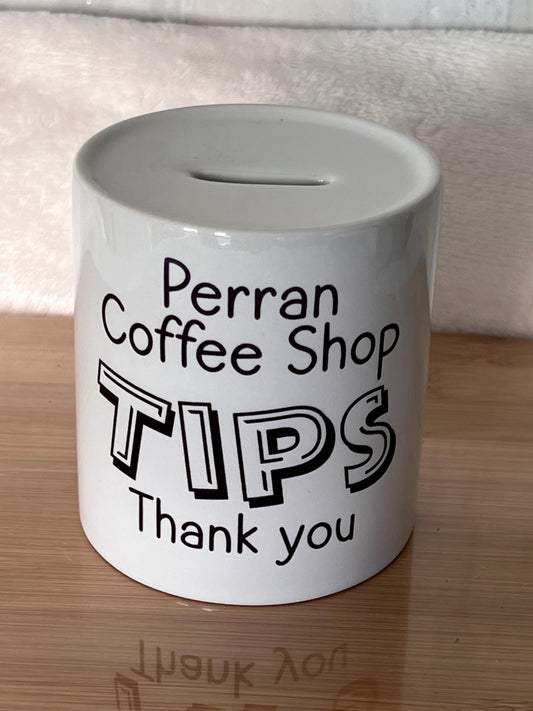 Personalised Tips ceramic jar Money Box . Savings jar . Business tips jar , hairdressers, cafes, etc. Money jar, coins and notes. .