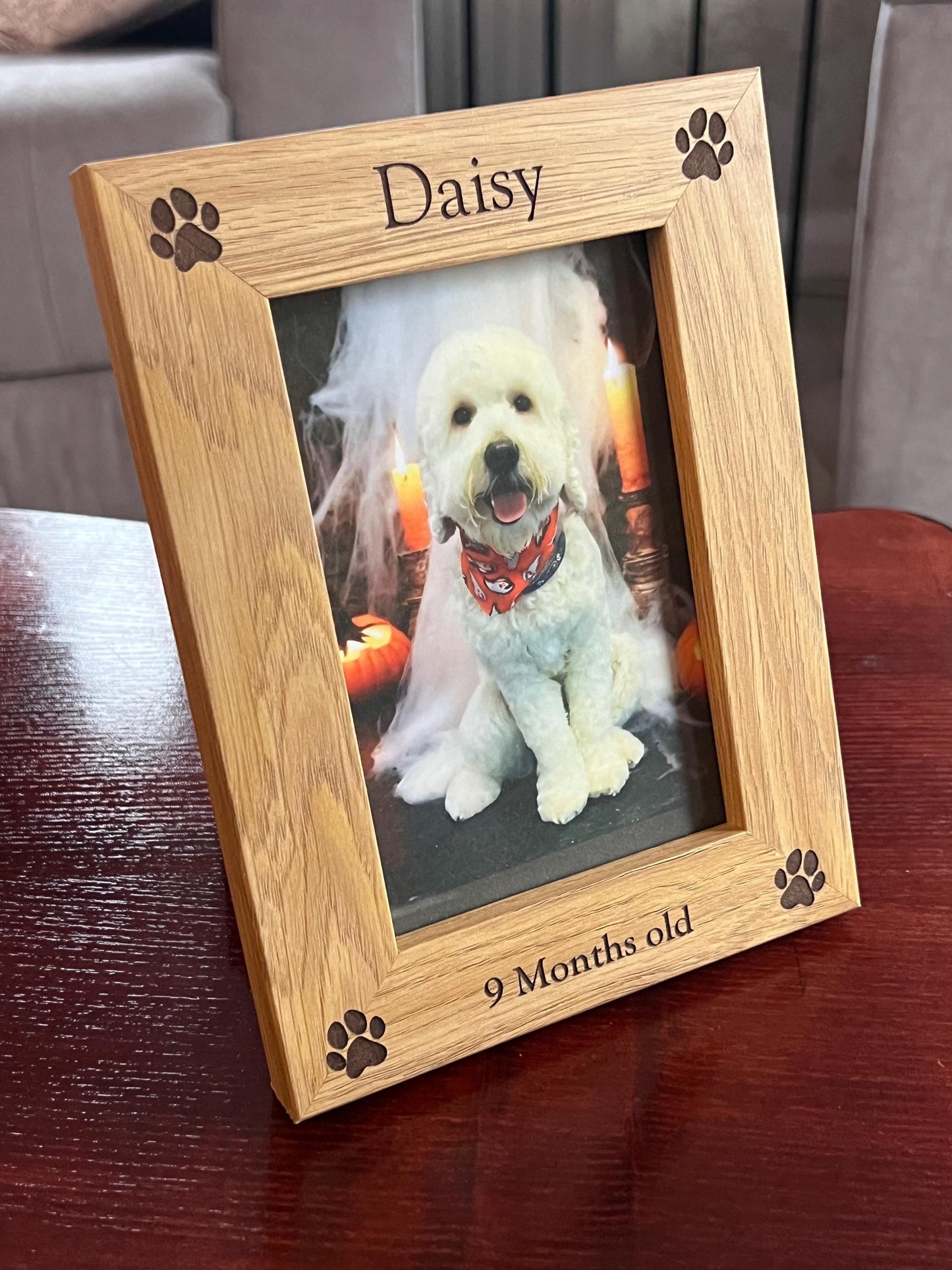 Engraved Dog photo frame personalised with name and date. For your Furry friend. custom made with ANY wording.6x4 photo. Oak effect frame.