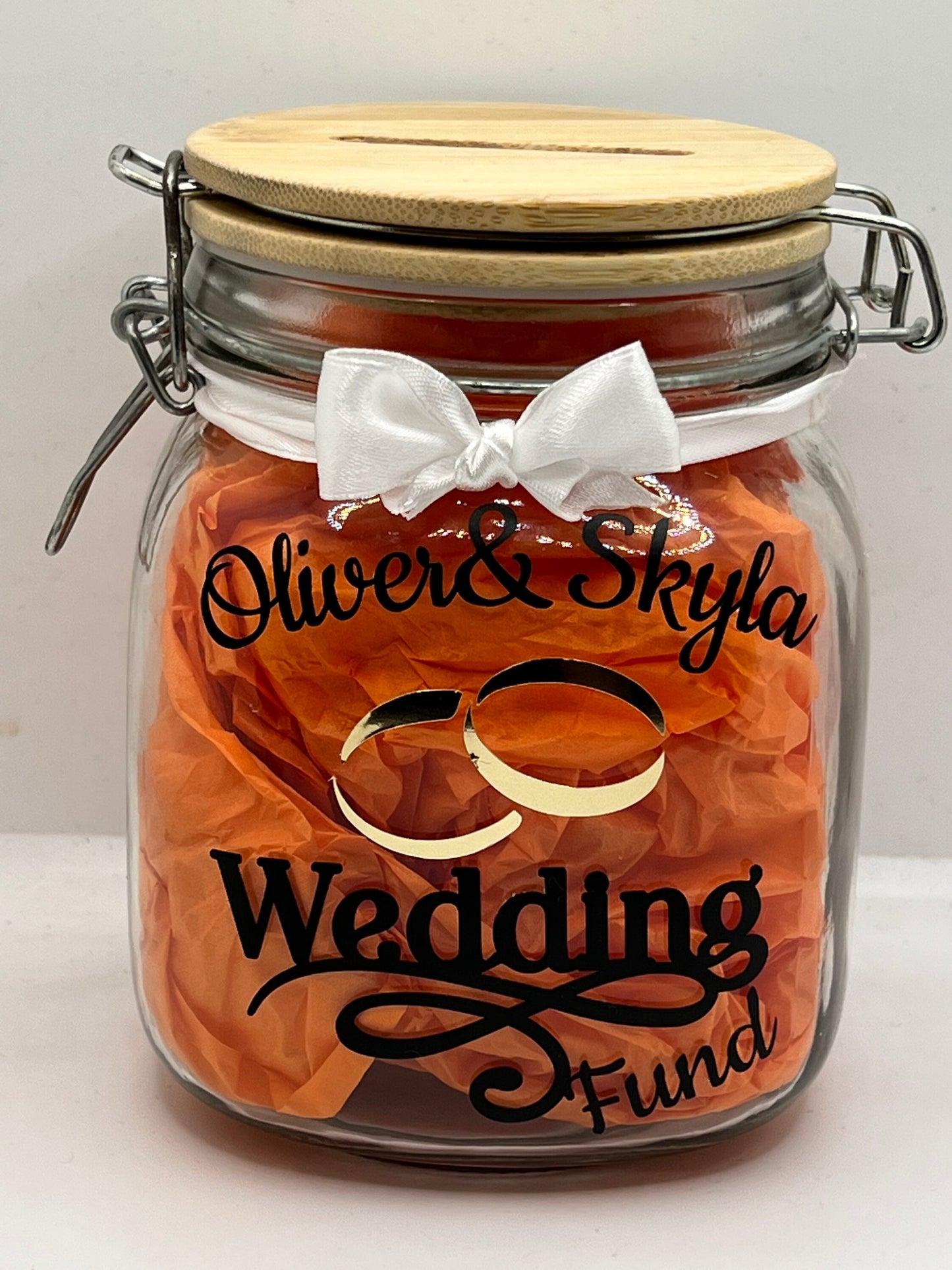 Personalised Wedding fund glass jar Money Box . Savings jar . Piggy bank with money slot.wedding rings