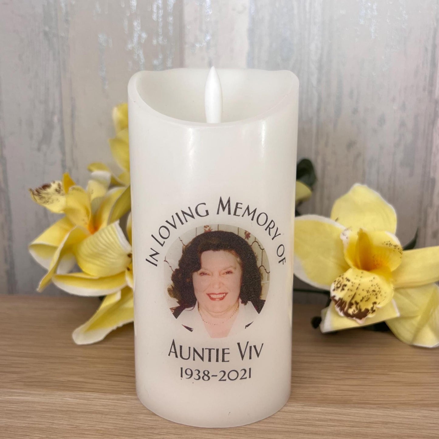 Memorial Candle personalised with photo. Memorial Keepsake. In loving memory of. battery candle with image set in wax coating. fresh cotton