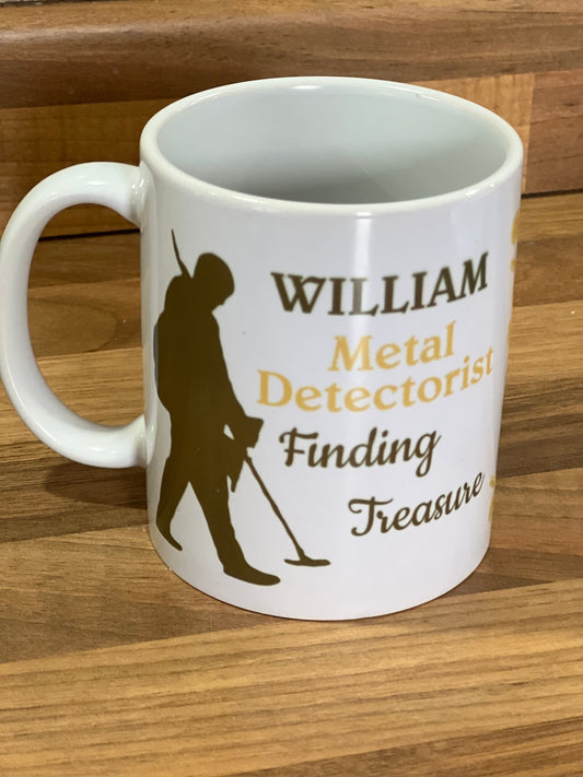 Personalised Metal Detecting cup, mug. 11oz our silhouette Metal detector, your Name. I can Dig it. Birthday gift.