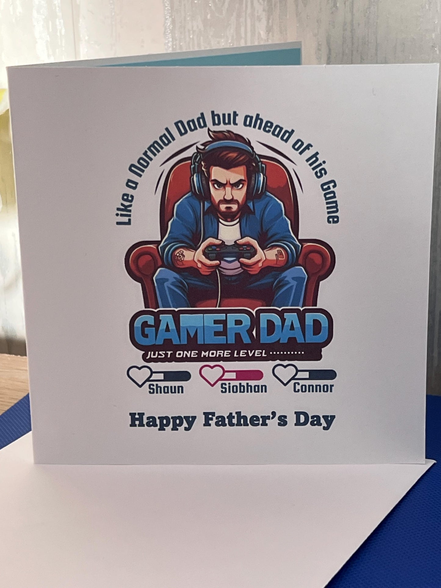 Father’s Day Card. 6x6 inch white card. Gaming dad with children’s names. personalised. great card for the Gamer dad out there. Birthday.