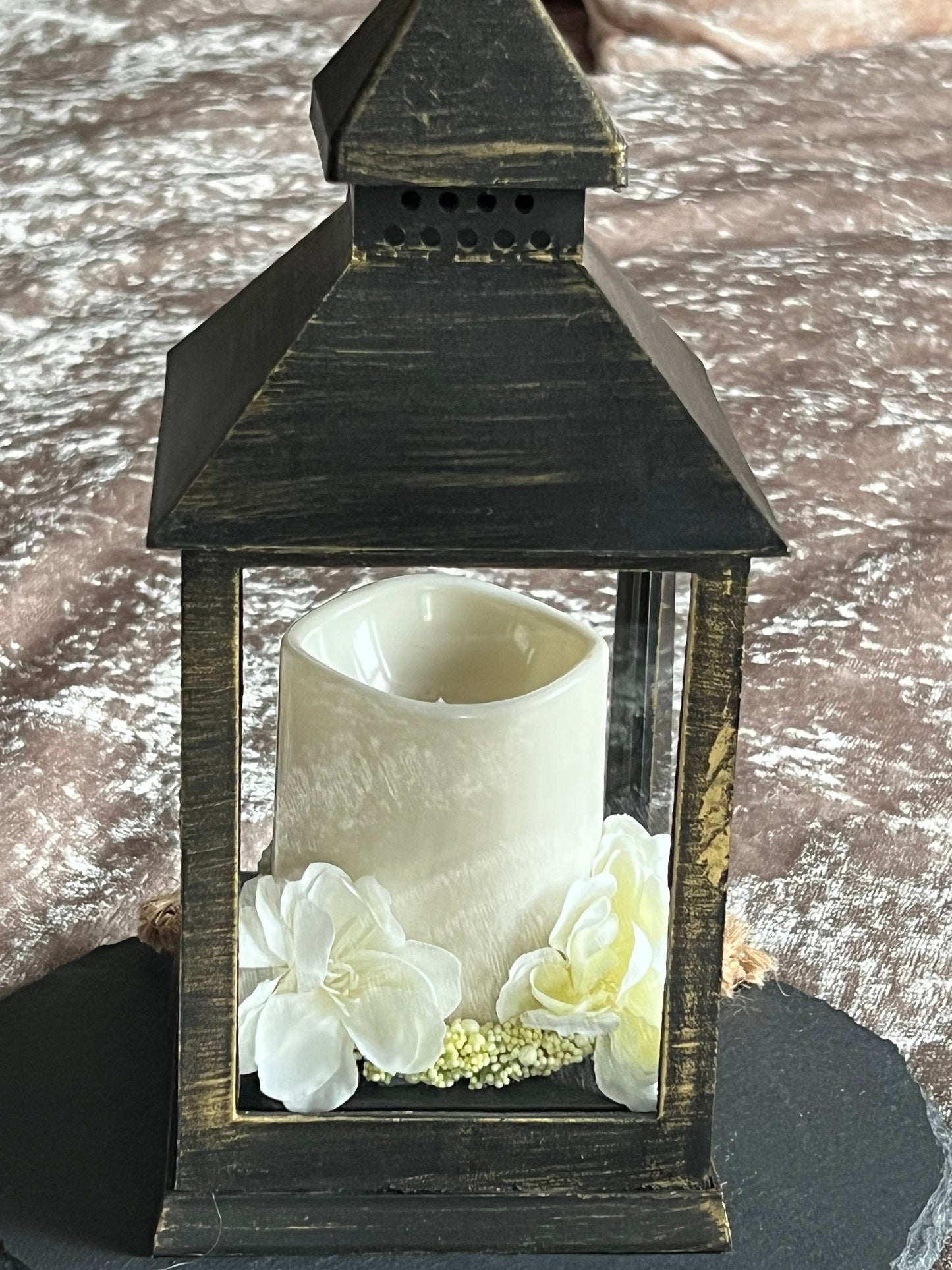 Floral Lantern Black with brushed gold for garden or home.