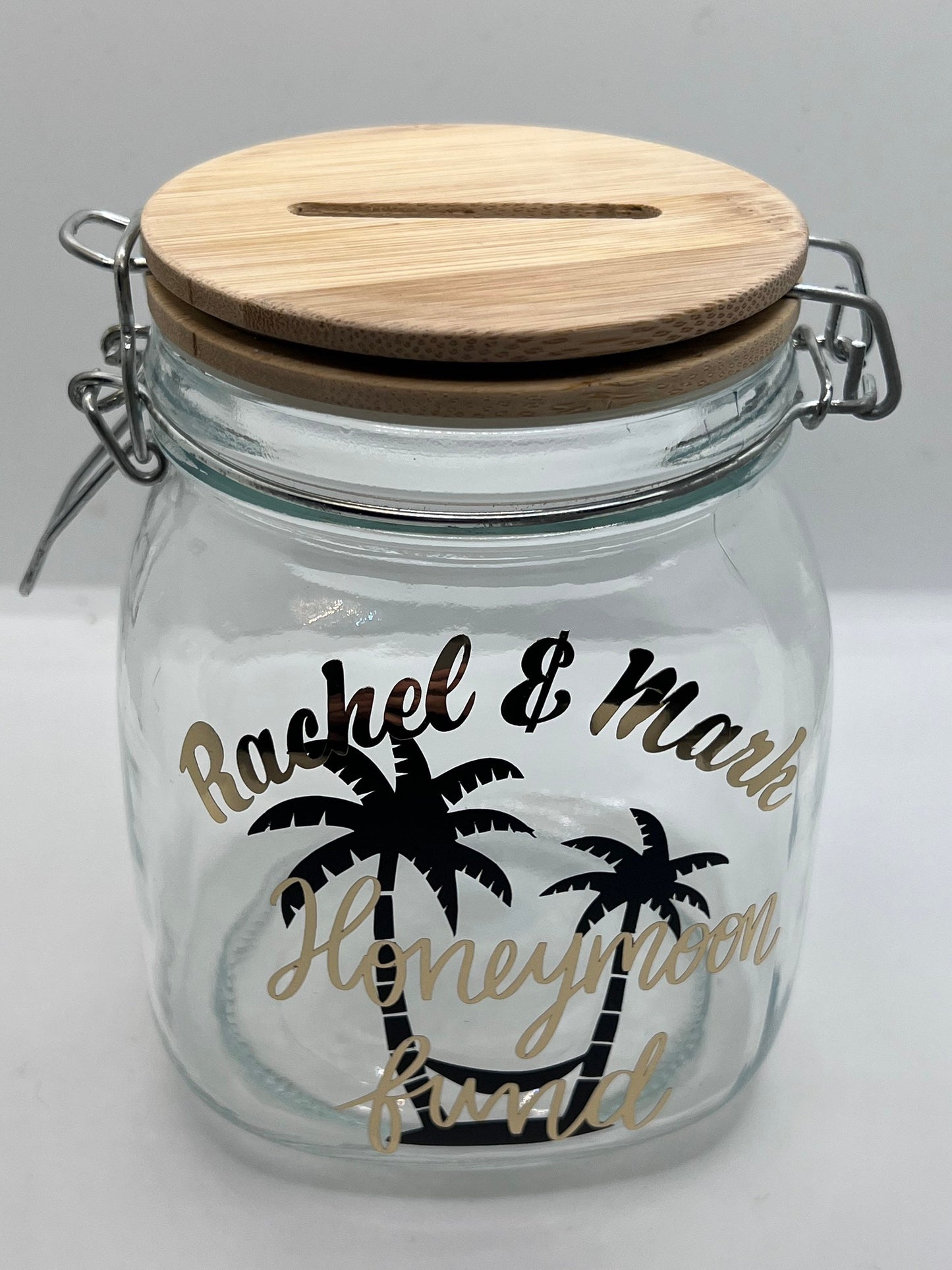 Personalised Honeymoon fund glass jar Money Box . Savings jar . Piggy bank with money slot.