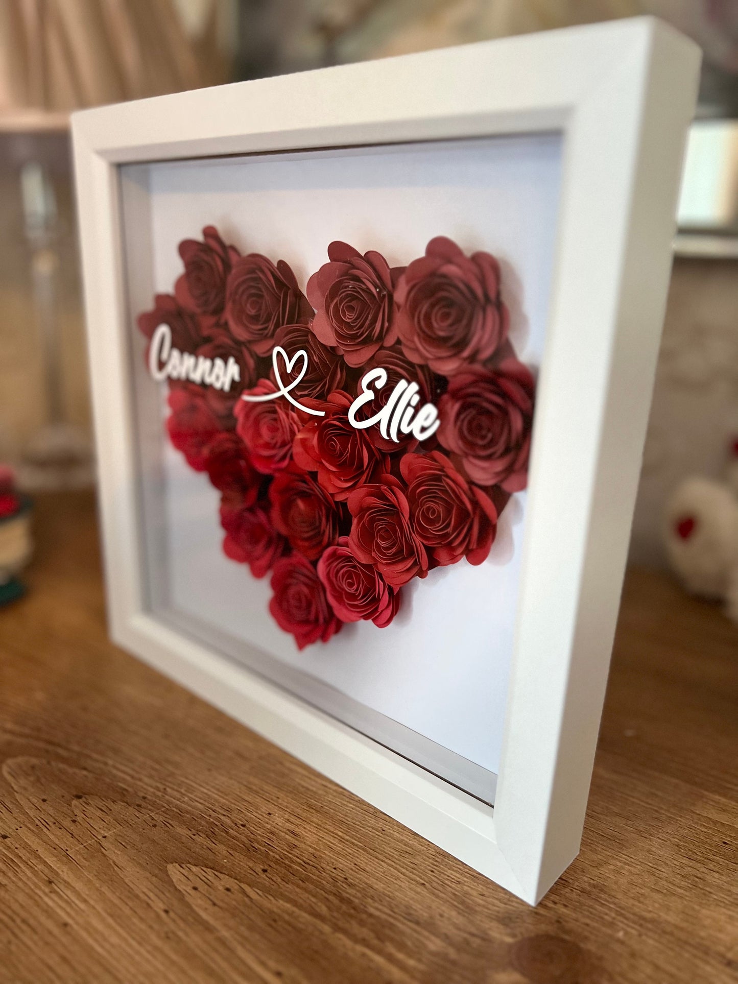 Shadow box heart, 3D rolled paper flowers personalised handmade roses, heart, Flower box Valentines, love, Anniversary,