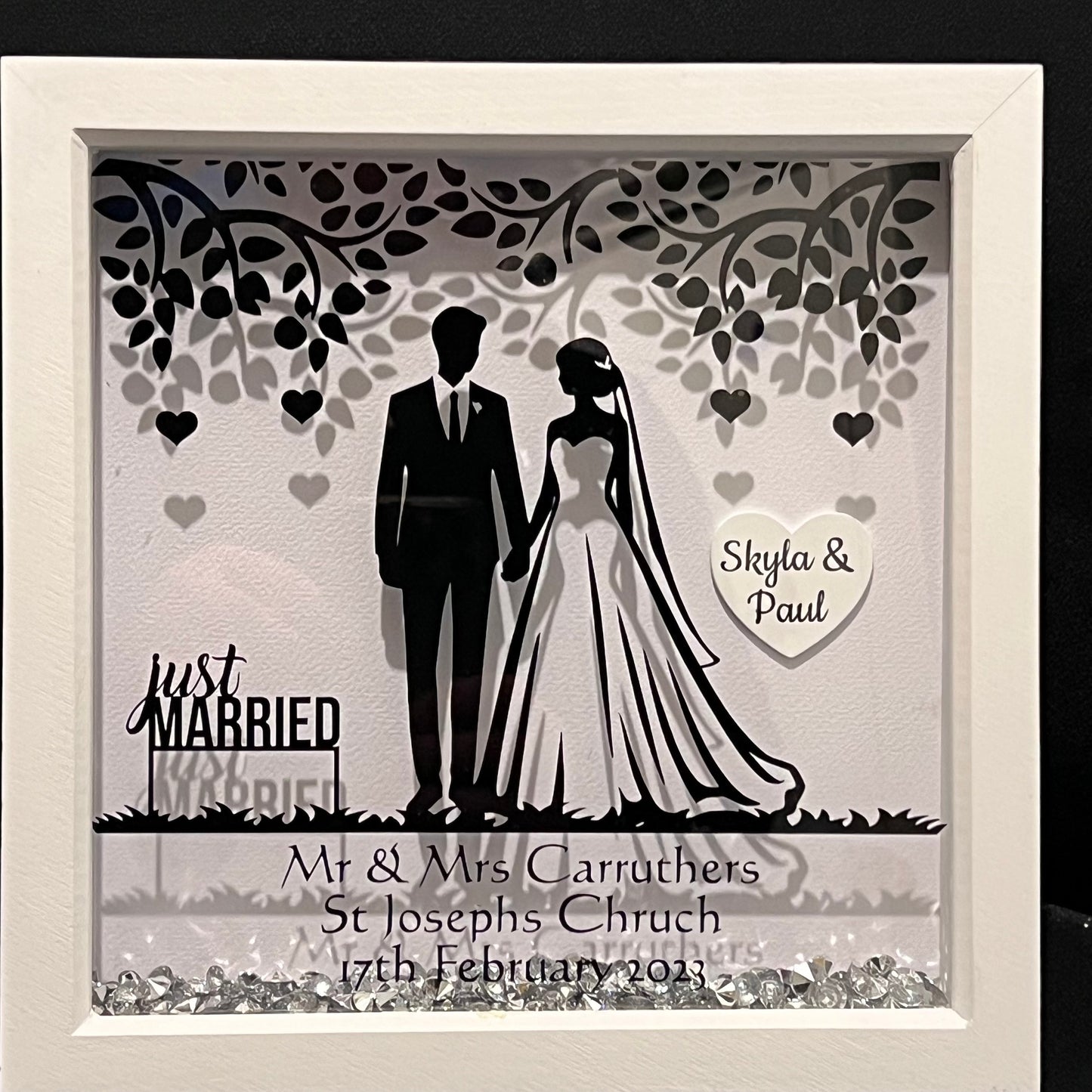 Mr and Mrs. handmade personalised wedding deep box frame with heart. Perfect wedding gift Bride and Groom.
