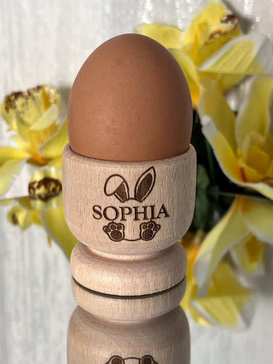 Personalised Easter gift with name. Solid beech egg cup engraved with name. Kids Easter gift. Kinder egg or crème egg option Easter bunny.