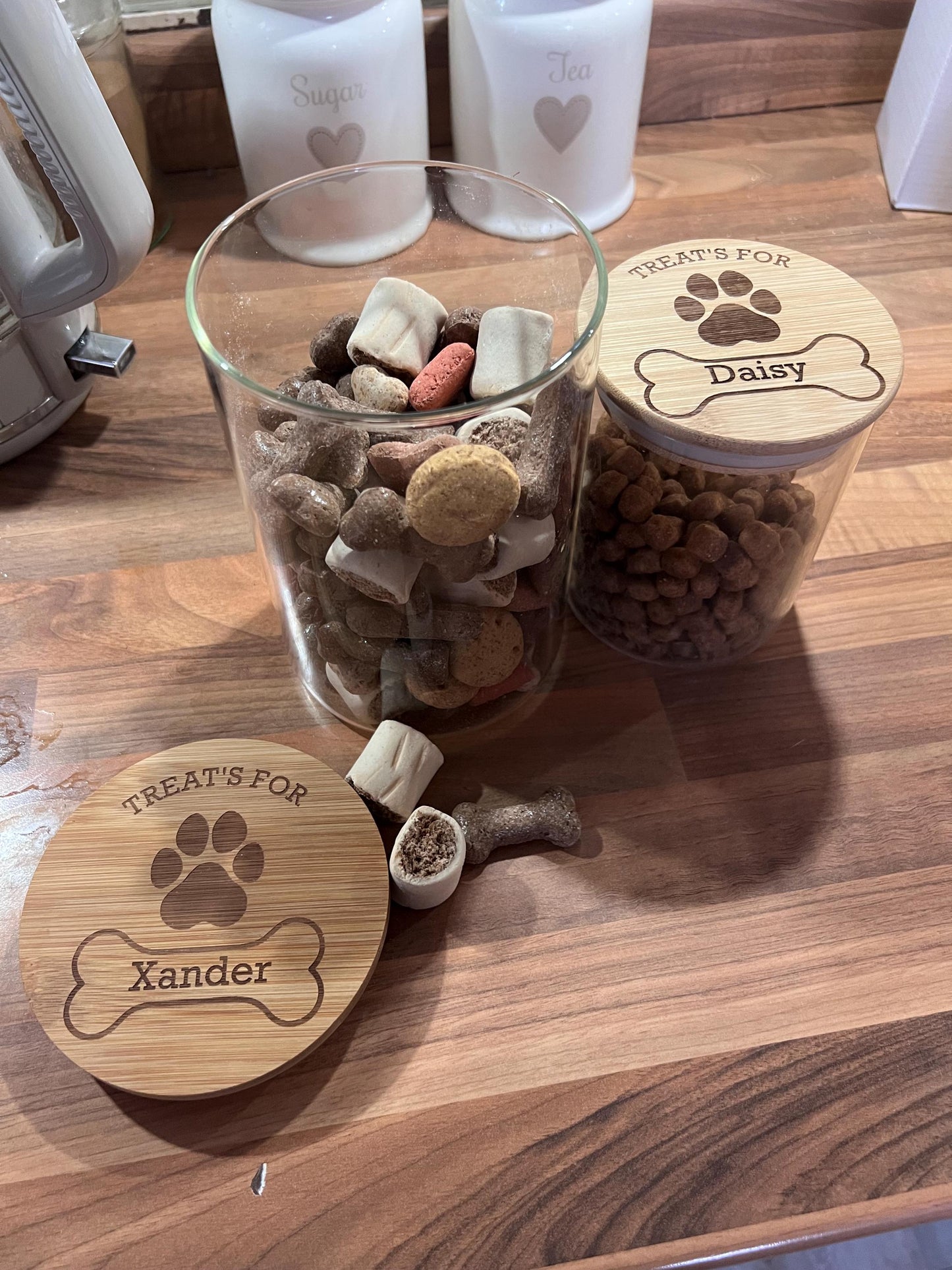 Dog treats jar personalised with name. engraved. pet treats storage jar, can be custom made to any words 2 sizes . Airtight bamboo lid.