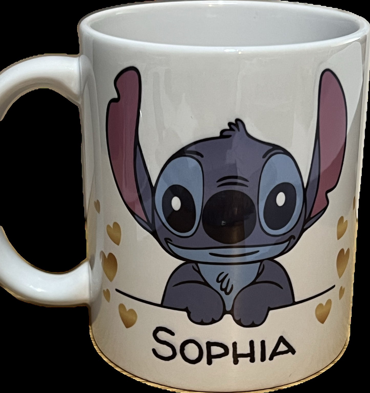Personalised Stitch cup, mug. 11oz, with any name. Birthday or Easter gift. Choice of front pattern or both. Stitch mug.