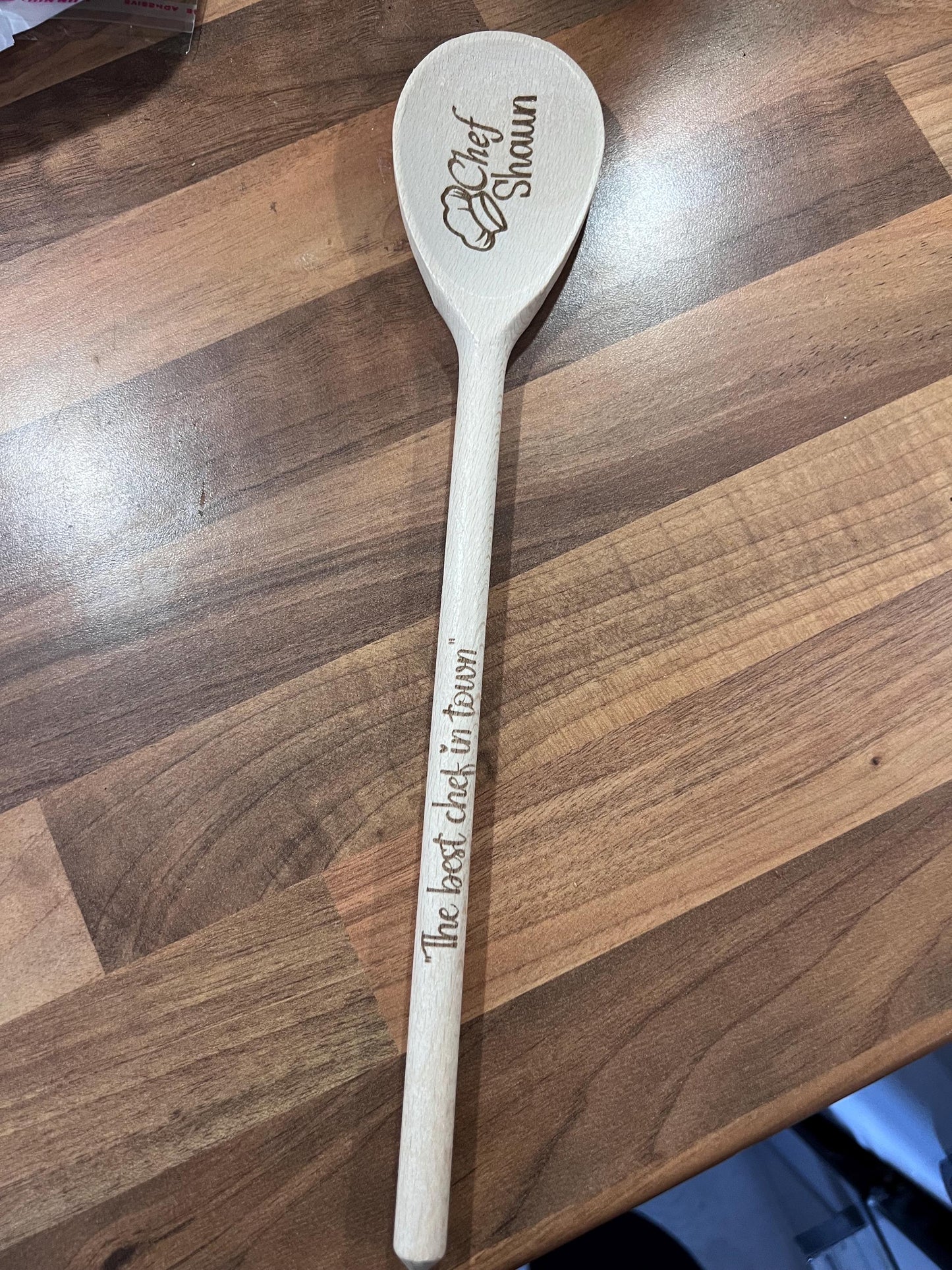 Personalised engraved wooden spoon. Great gift for that special chef or baker. Laser Engraved both sides with message.