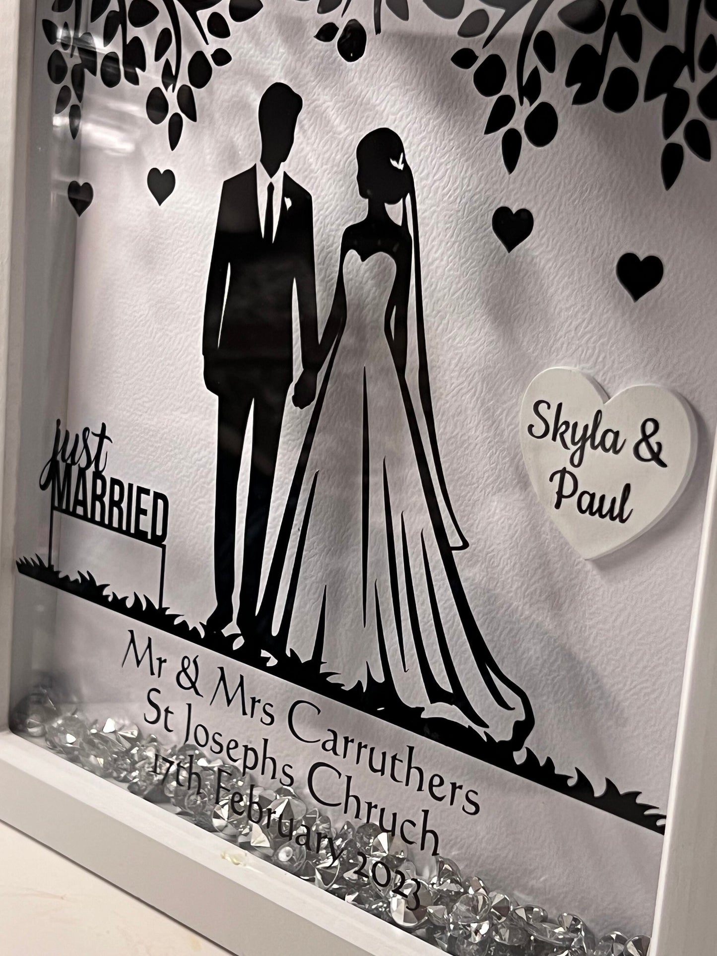 Mr and Mrs. handmade personalised wedding deep box frame with heart. Perfect wedding gift Bride and Groom.