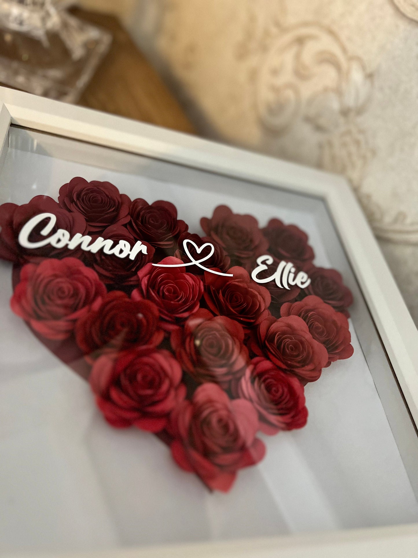 Shadow box heart, 3D rolled paper flowers personalised handmade roses, heart, Flower box Valentines, love, Anniversary,