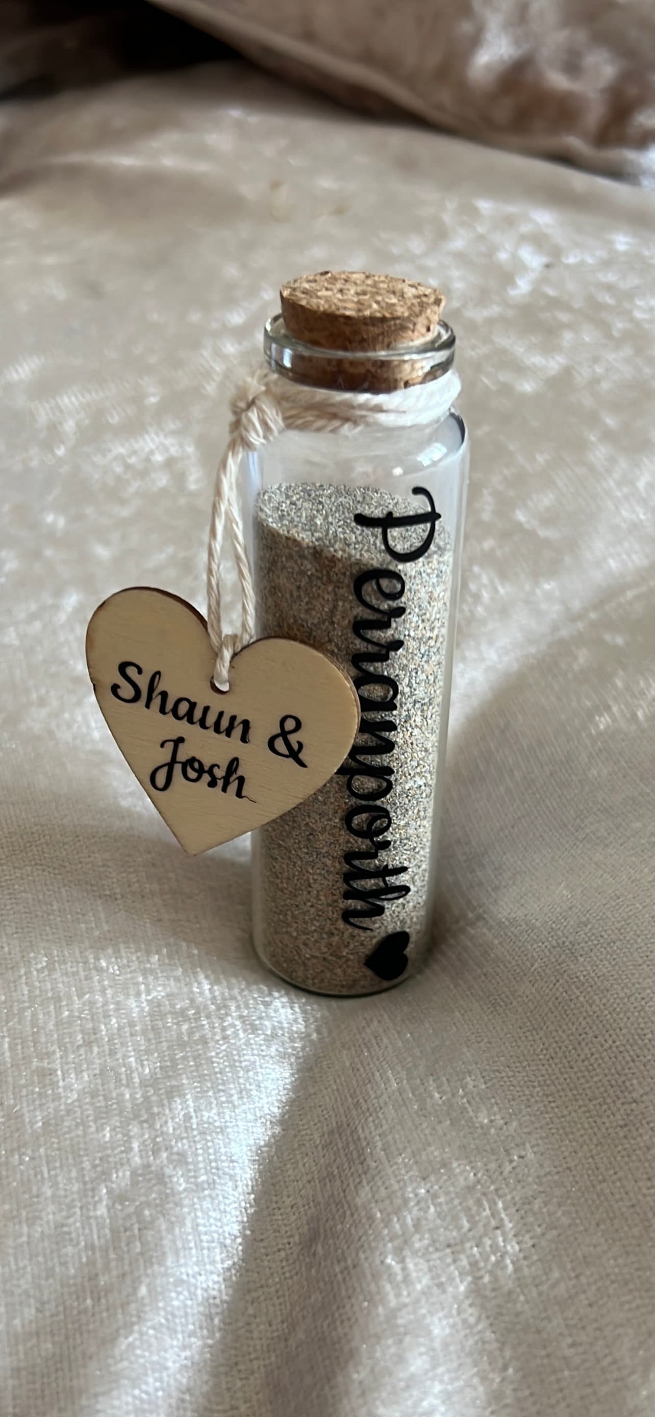 Personalised sand jar with cork stopper. Sand bottle. Wedding honeymoon special holiday etc. with wooden heart. Keepsake. Memories. 10.5cm