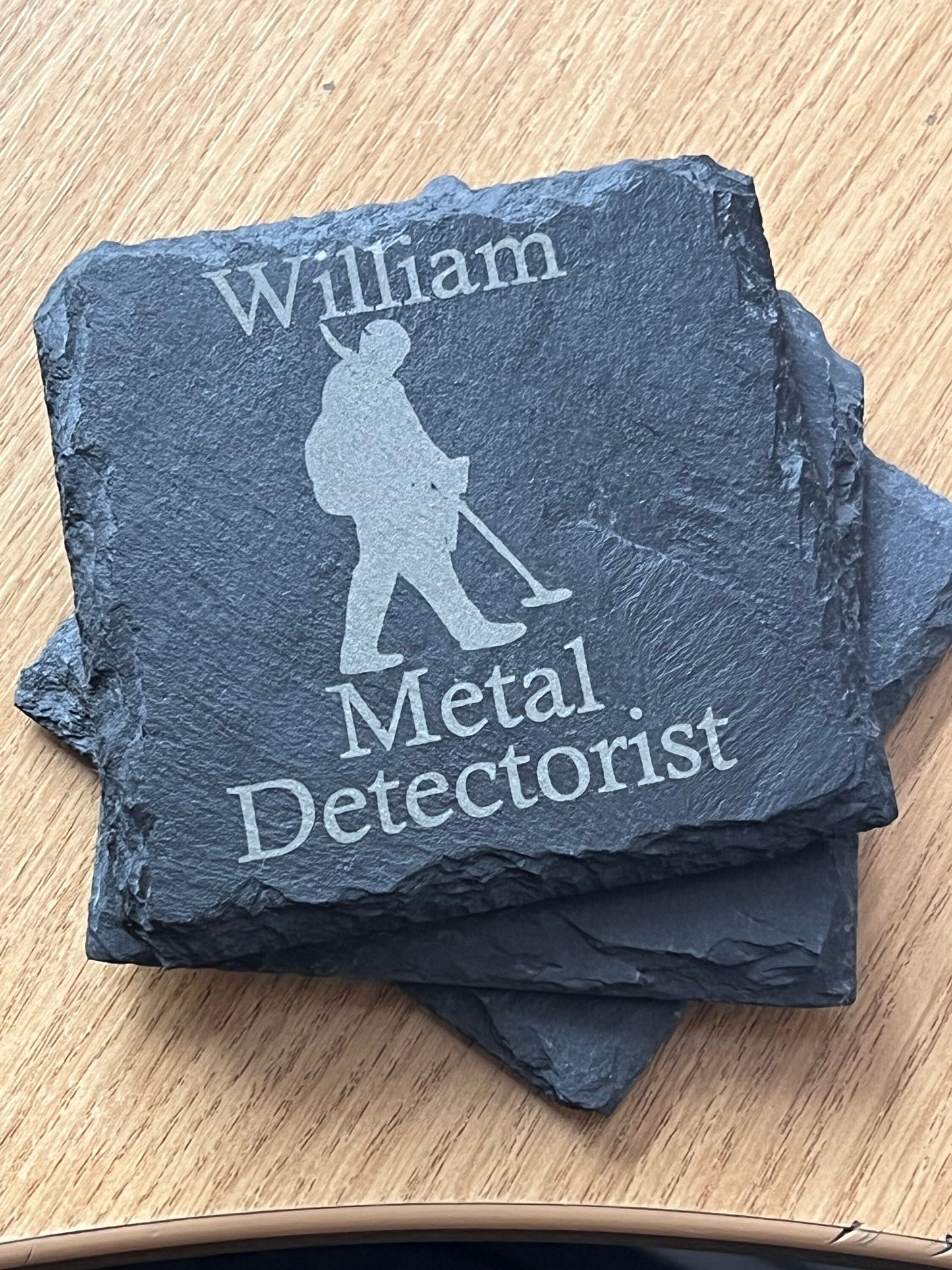 Personalised slate engraved coaster. Metal detector with name. Metal Detectorist. great gift. Birthday, Hobby, anniversary.