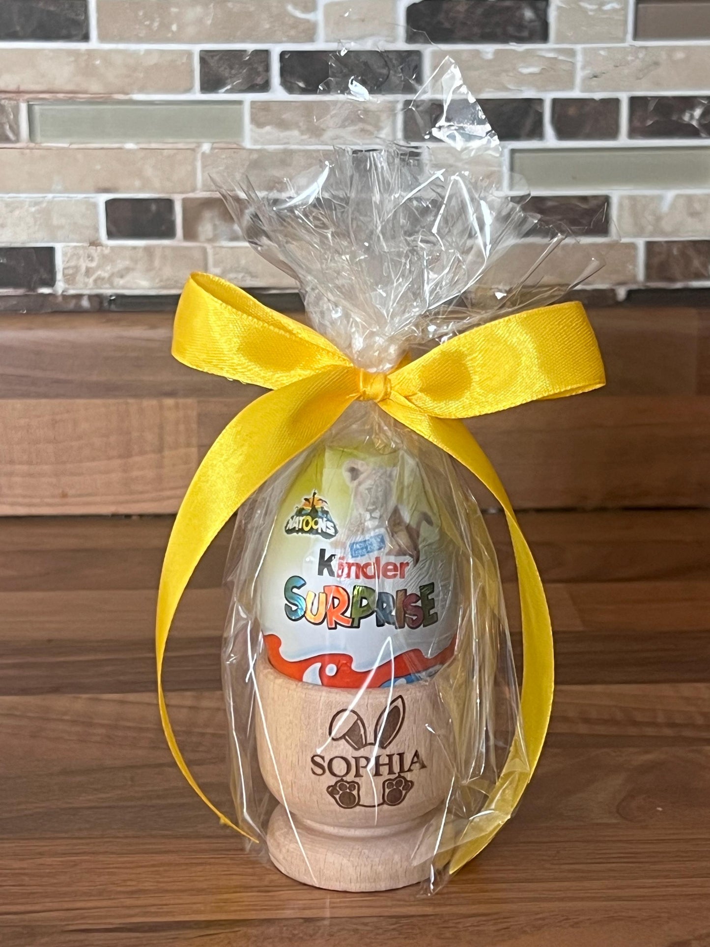 Personalised Easter gift with name. Solid beech egg cup engraved with name. Kids Easter gift. Kinder egg or crème egg option Easter bunny.