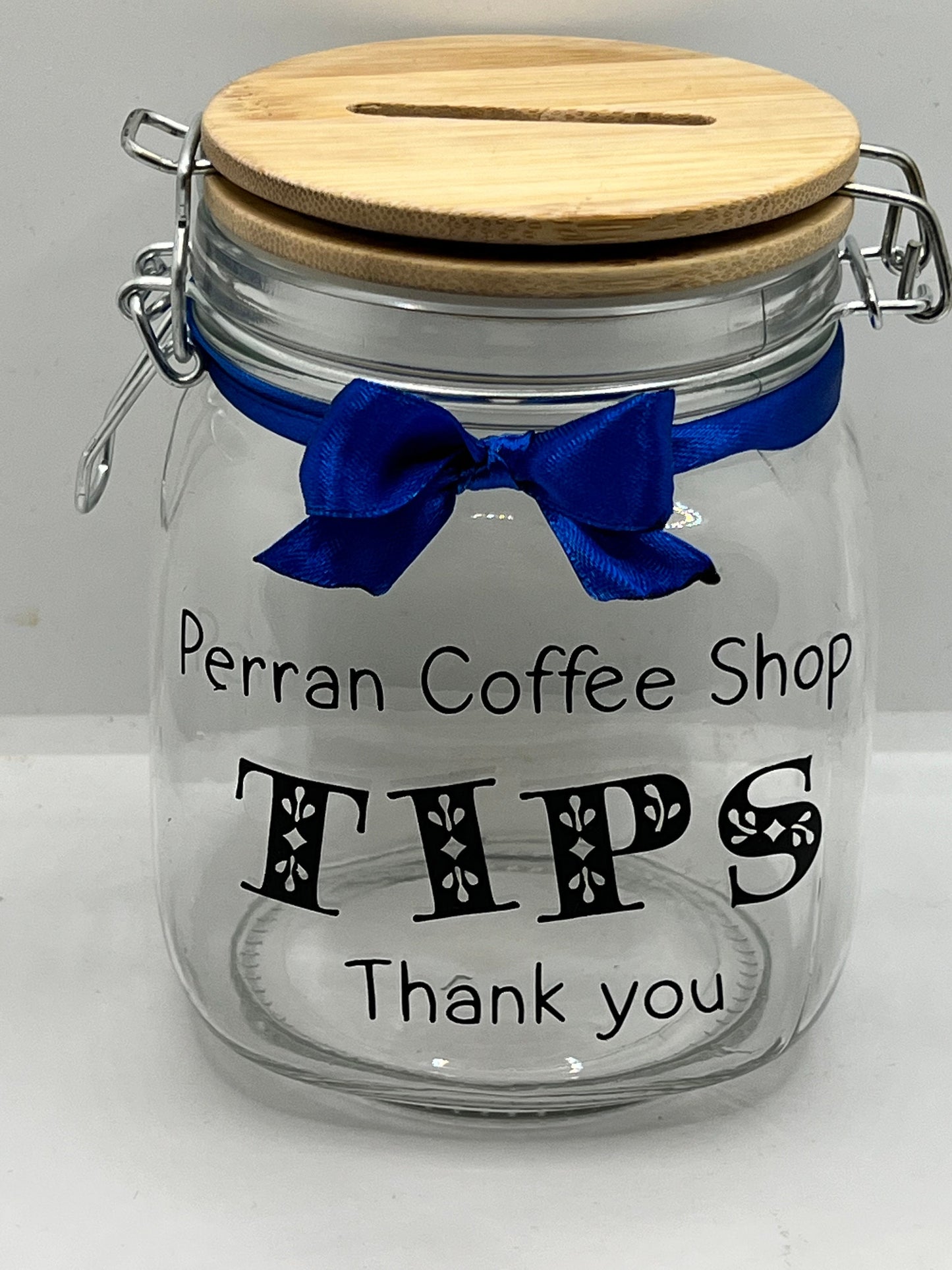 Personalised Tips jar Money Box . Savings jar . Business tips jar , hairdressers, cafes etc. 2 sizes ….Money jar, coins and notes.