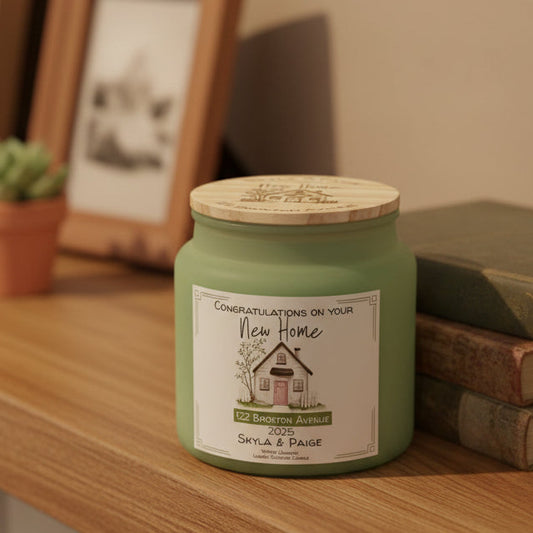 Green jar with a wooden lid on a shelf, featuring a 'Congratulations on Your New Home' label.