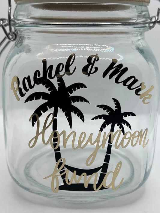 Personalised Honeymoon fund glass jar Money Box . Savings jar . Piggy bank with money slot.