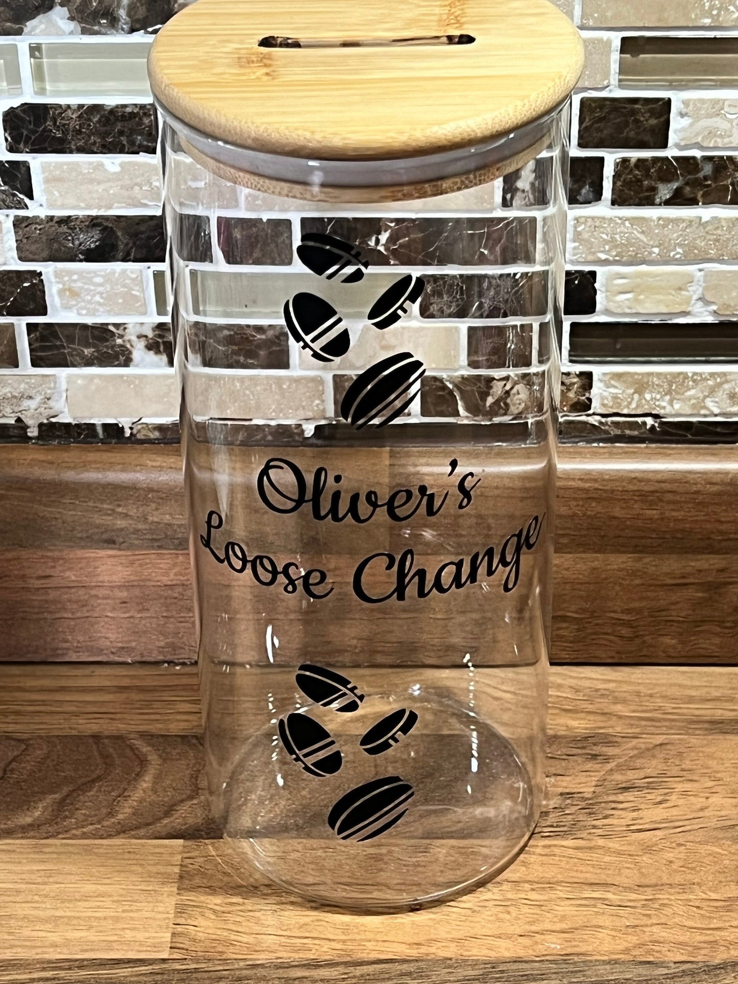 Personalised loose change money jar . Money box. Piggy bank. Coins jar.