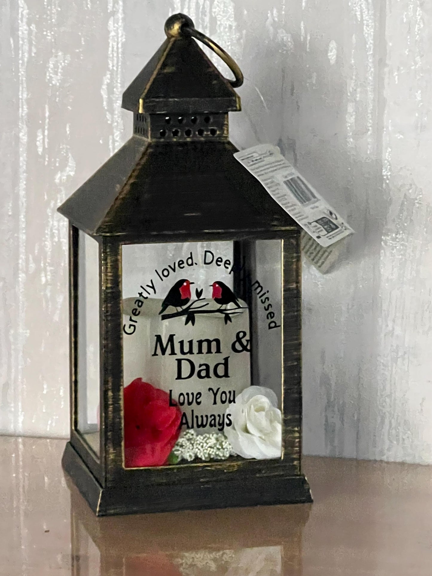 Personalised Memorial Lantern choice of flower colour, Mum, Dad, Nan, Grandad Wife , husband etc. Graveside ,Home. Auto candle two robins