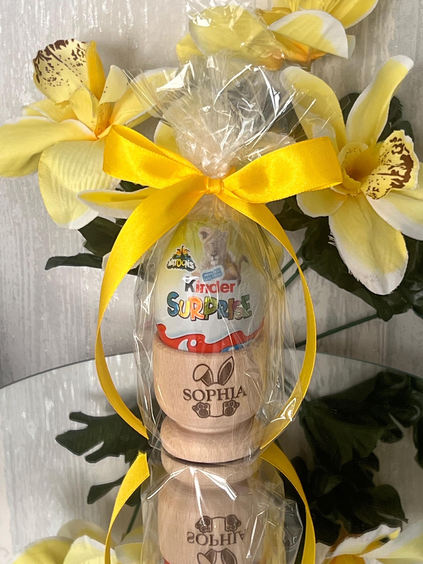 Personalised Easter gift with name. Solid beech egg cup engraved with name. Kids Easter gift. Kinder egg or crème egg option Easter bunny.