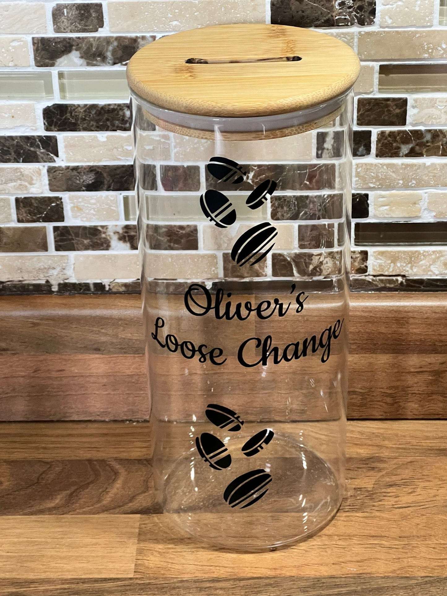 Personalised loose change money jar . Money box. Piggy bank. Coins jar.