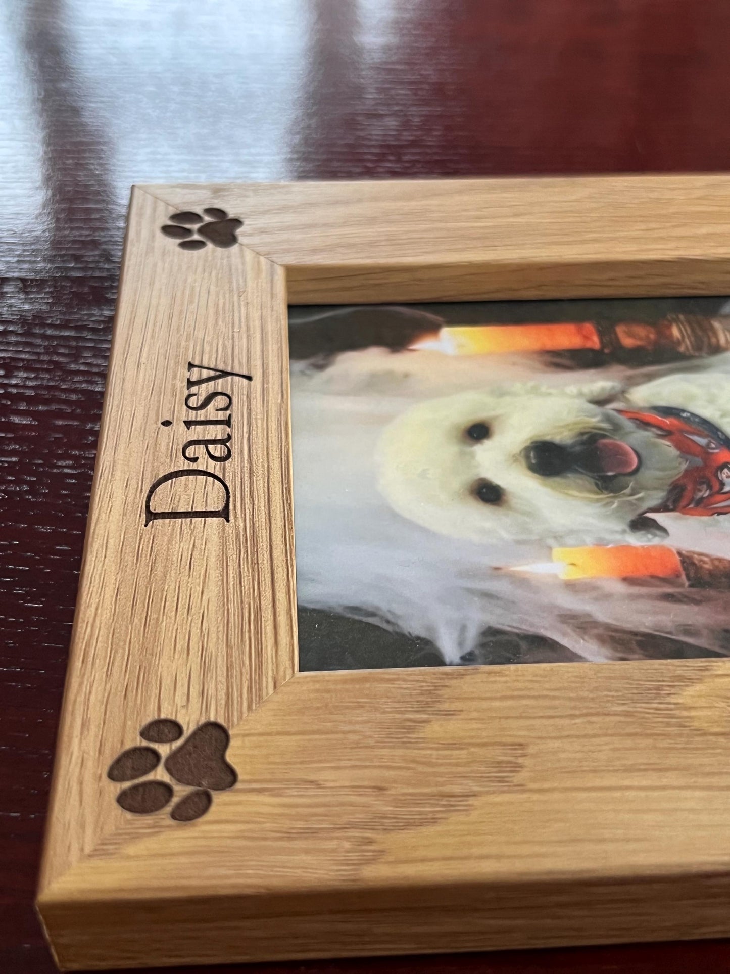 Engraved Dog photo frame personalised with name and date. For your Furry friend. custom made with ANY wording.6x4 photo. Oak effect frame.