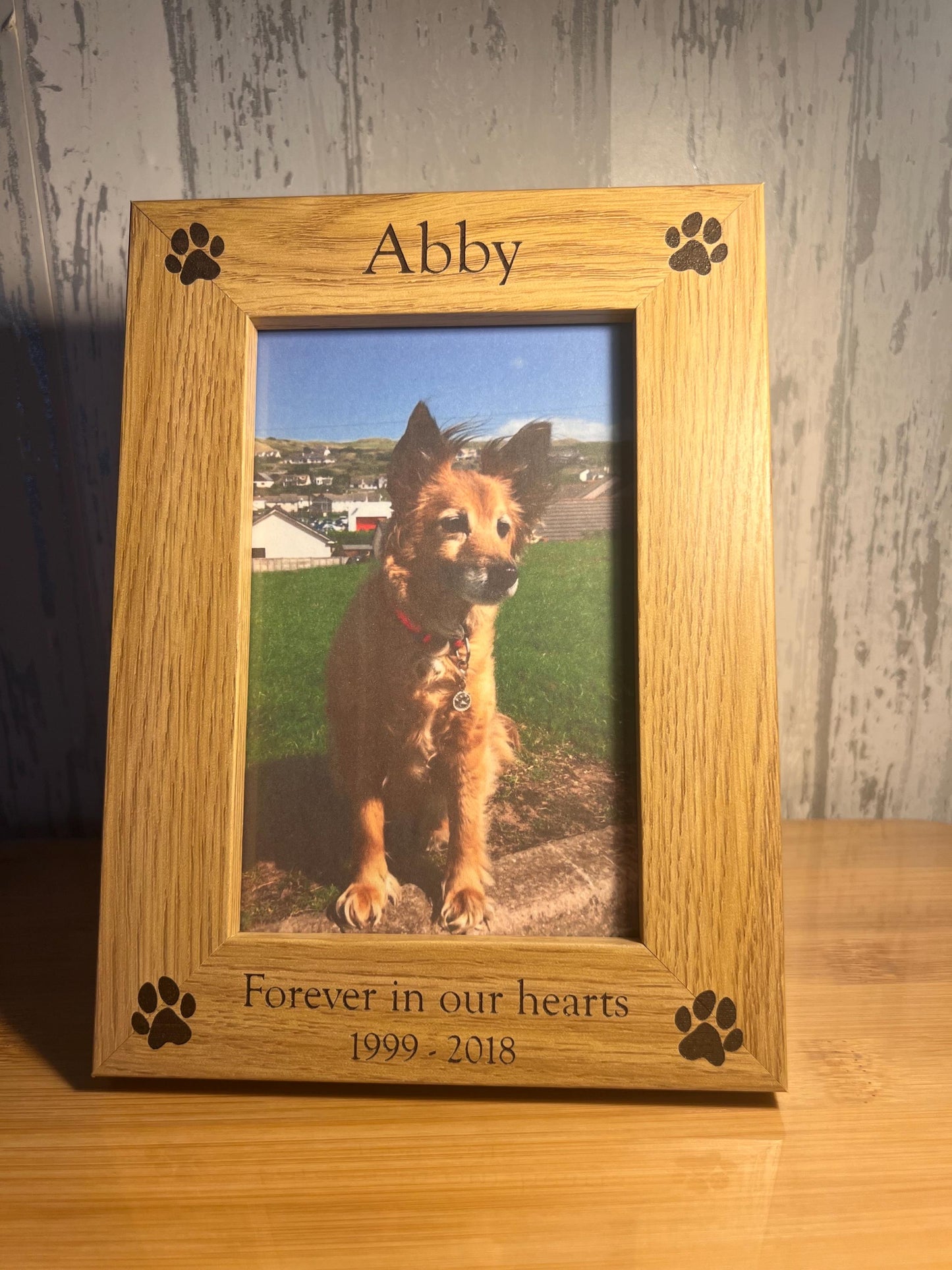 Dog or cat memorial photo frame. Personalised engraved oak effect memorial pet photo frame. Pet loss .Keepsake.