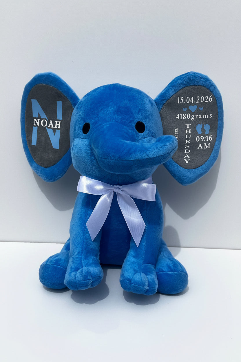 Personalised Plush Blue Elephant | Baby Stats Keepsake | New Baby & Shower Gift. Baby Boy