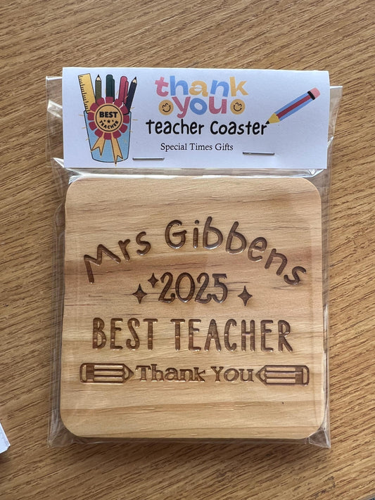 Teacher personalised gift. Engraved wooden coaster choice of designs. Gift sealed. End of school year gift. Thank you