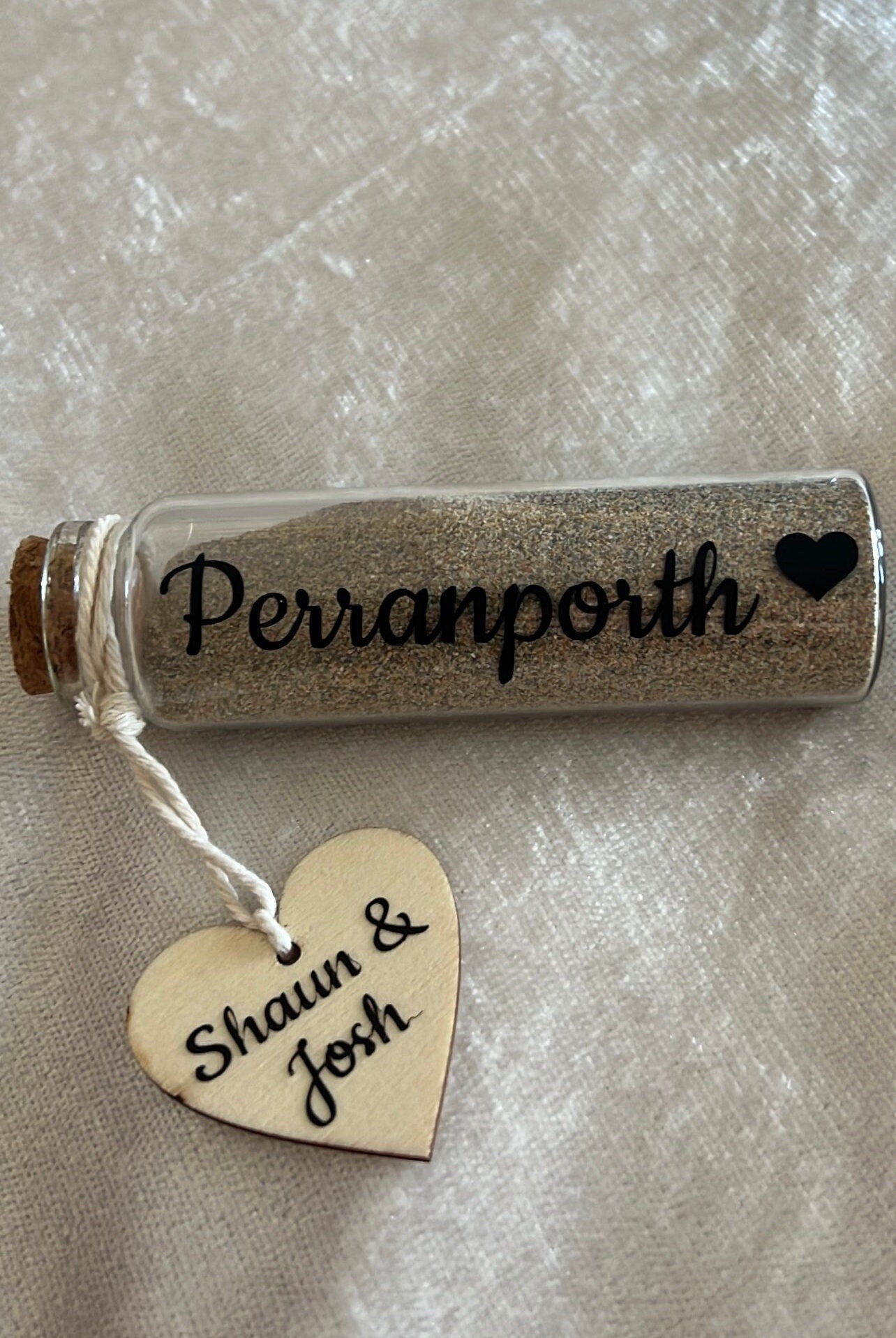 Personalised sand jar with cork stopper. Sand bottle. Wedding honeymoon special holiday etc. with wooden heart. Keepsake. Memories. 10.5cm