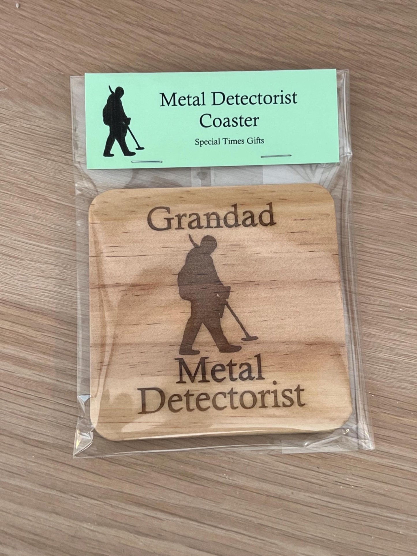 Personalised wooden engraved coaster. Metal detector with name. Metal Detectorist. great gift. Birthday, Hobby, anniversary.