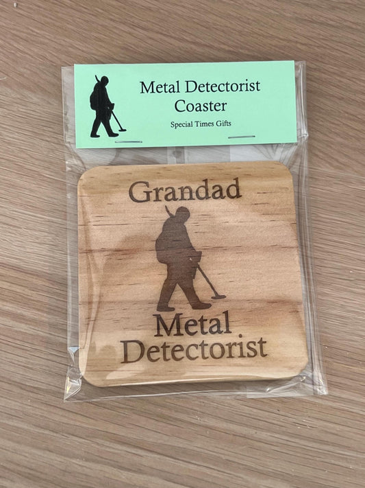 Personalised wooden engraved coaster. Metal detector with name. Metal Detectorist. great gift. Birthday, Hobby, anniversary.