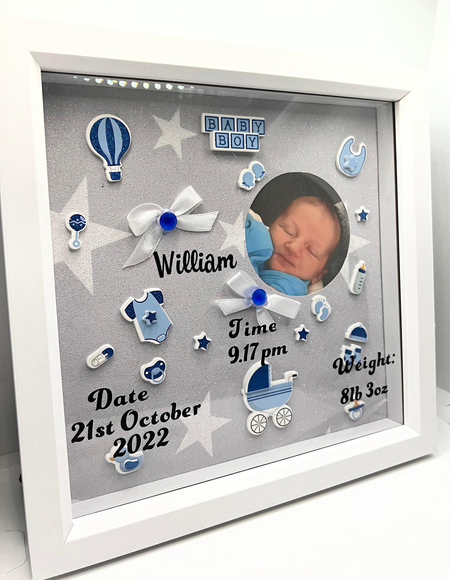 Personalised baby Boys birth memory box frame with photo. Christening gift,New baby gift. Nursery, Baby gift, baby birth details,Announcment