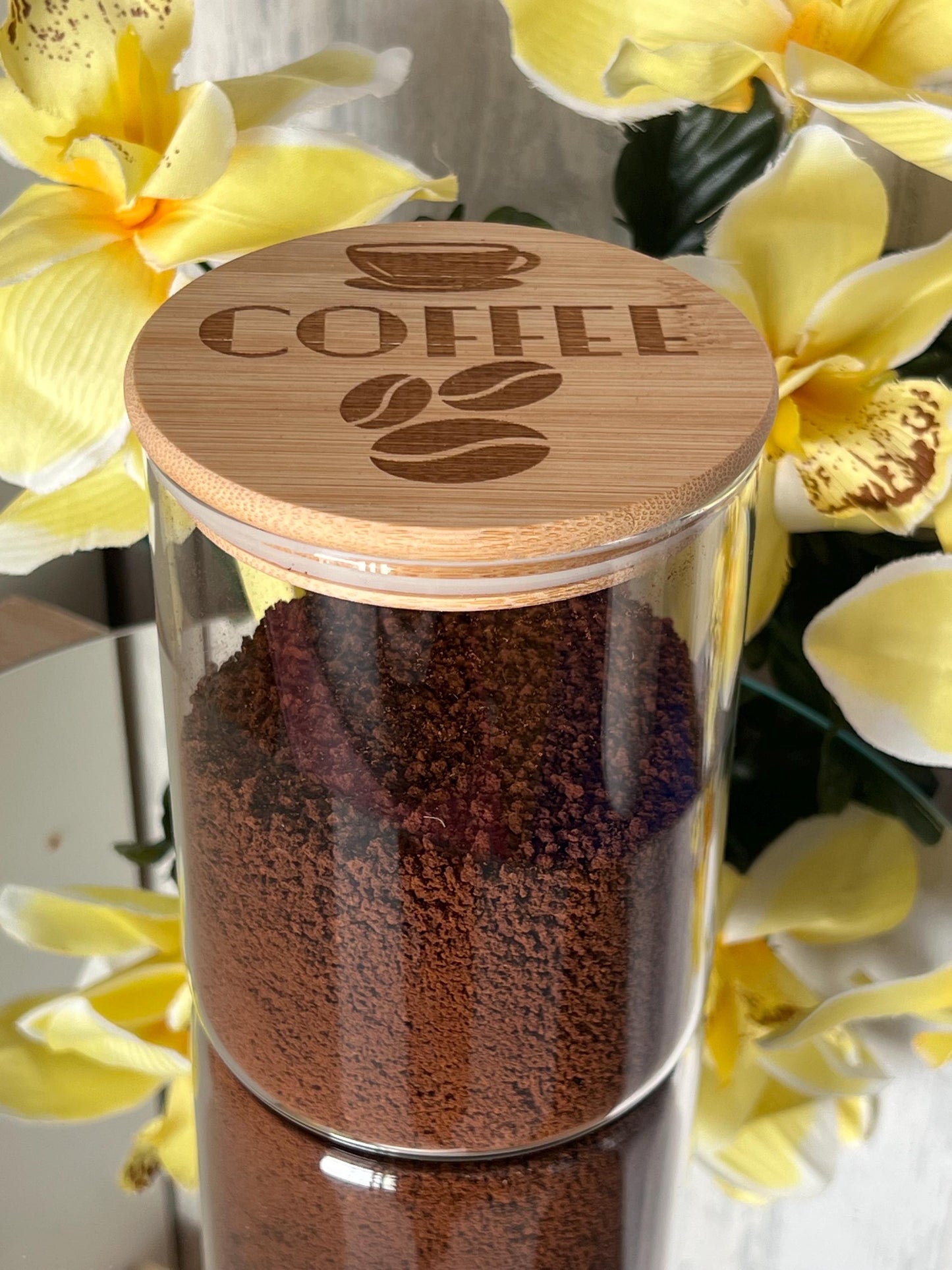 Engraved Tea Coffee and Sugar canister set or individual. Glass storage with engraved airtight bamboo lid. visual aid