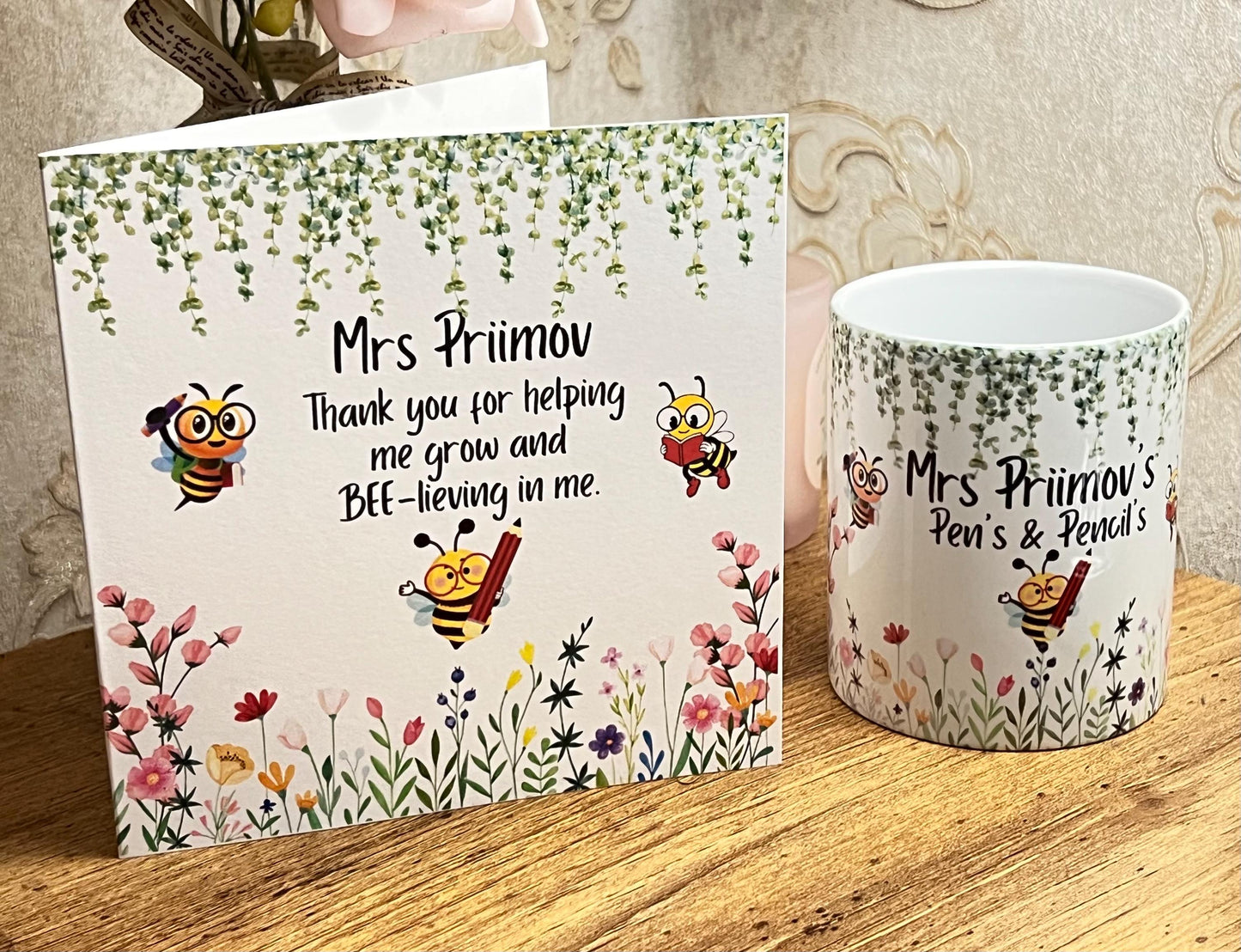 Teacher thank you card. Bee card. Garden Teacher end of year card. personalised with teachers name. 6x6 inch quality card and white envelope
