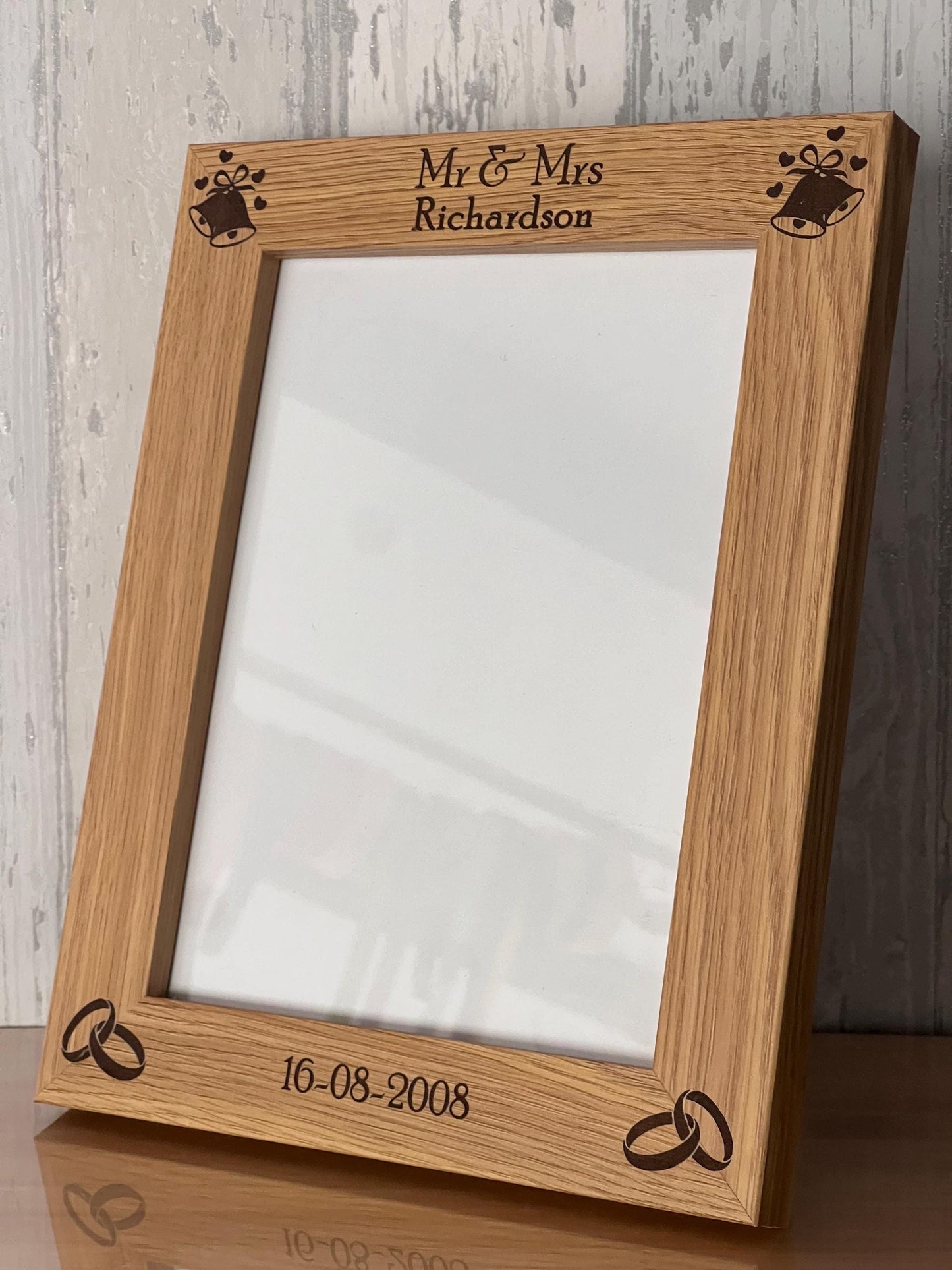 Wedding photo frame ,Anniversary gift, personalised engraved photo frame. oak effect frame custom engraved.