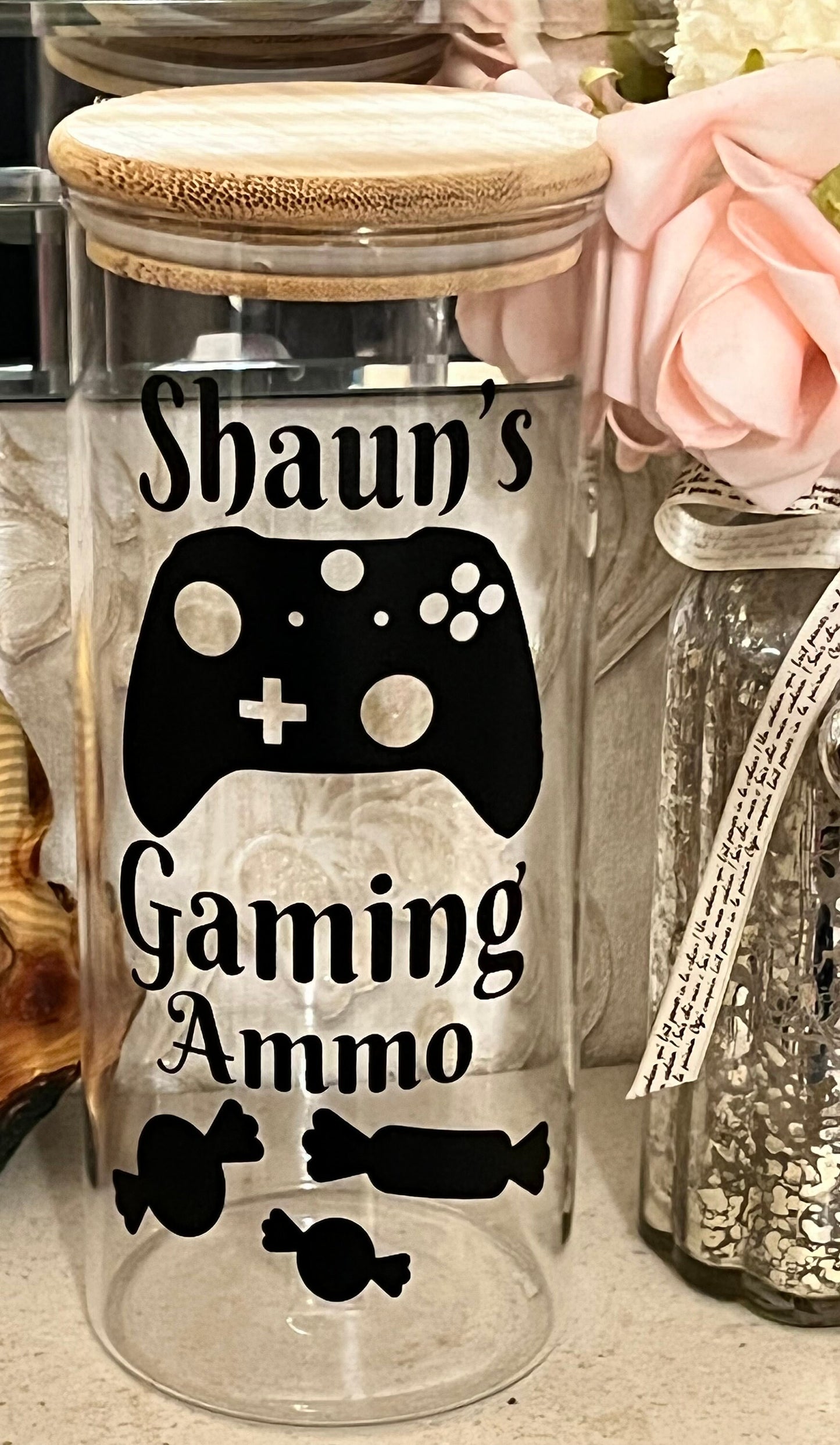 Personalised gaming treat jar. Gaming / streaming ammo sweets jar. Great gift for the gamer. Game controller image or Headset. . 1 Litre.