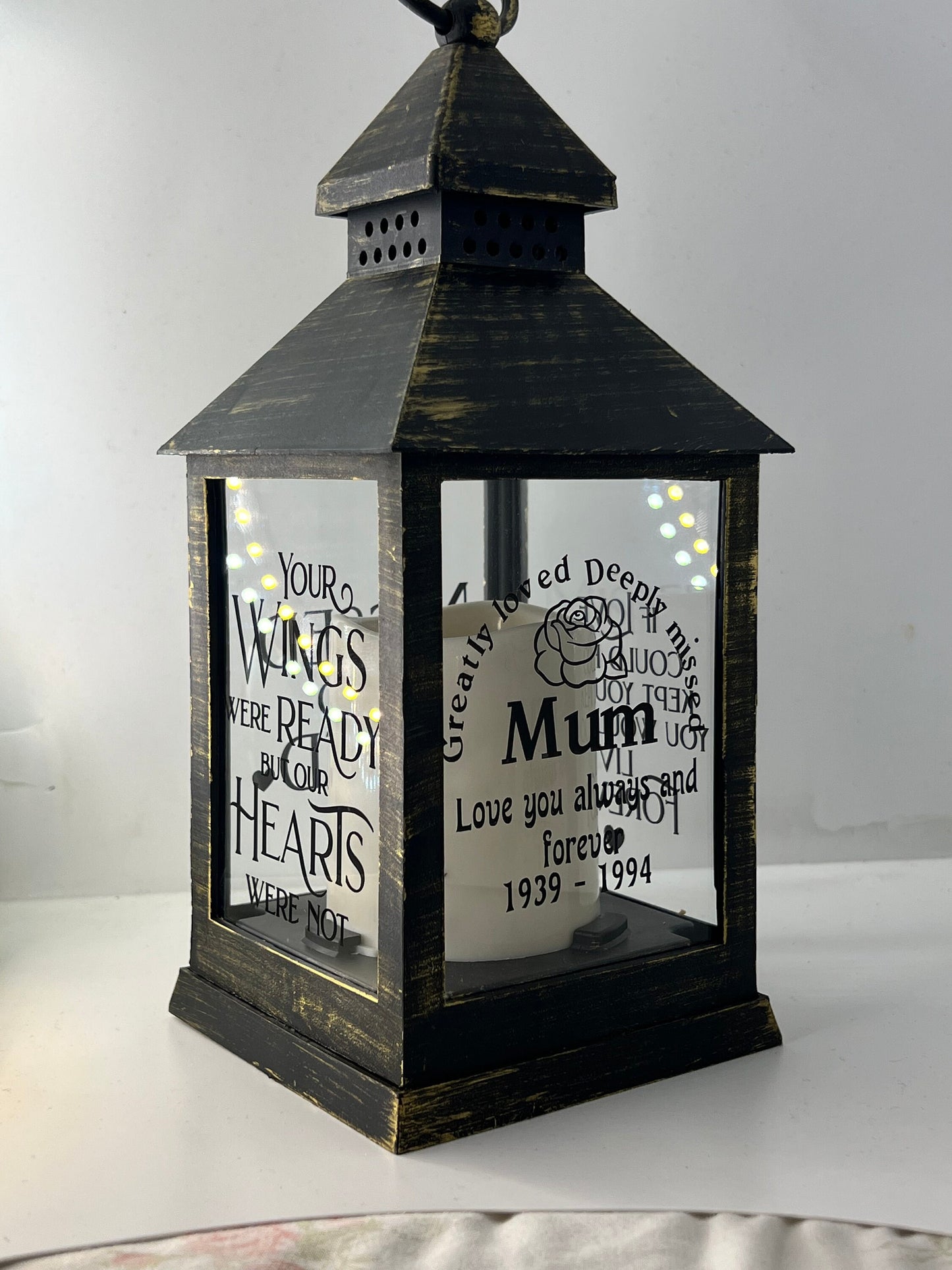 Personalised Memorial Lantern with choice of Verse. Interior and Exterior use. Graveside memorial lantern.