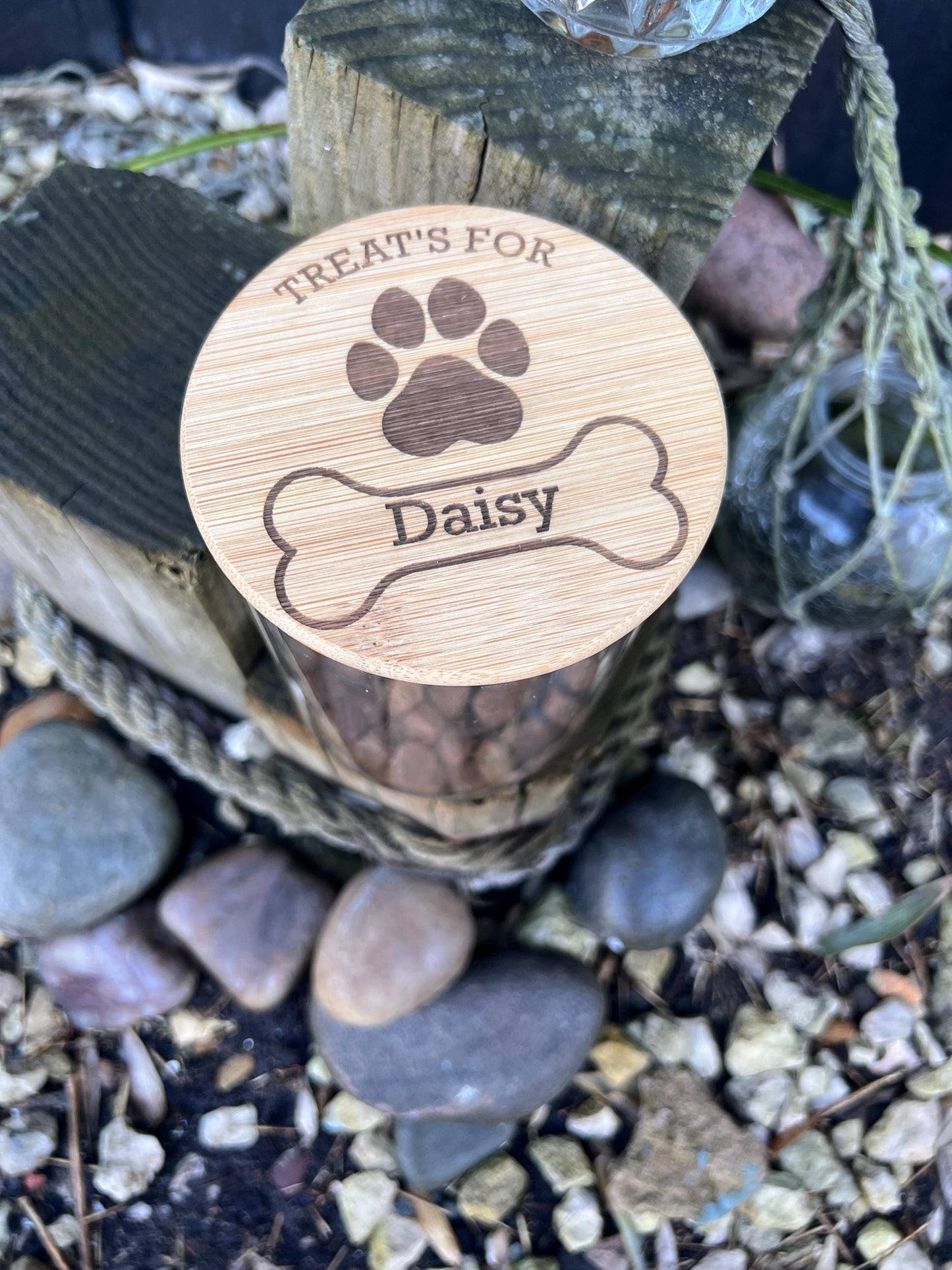 Dog treats jar personalised with name. engraved. pet treats storage jar, can be custom made to any words 2 sizes . Airtight bamboo lid.