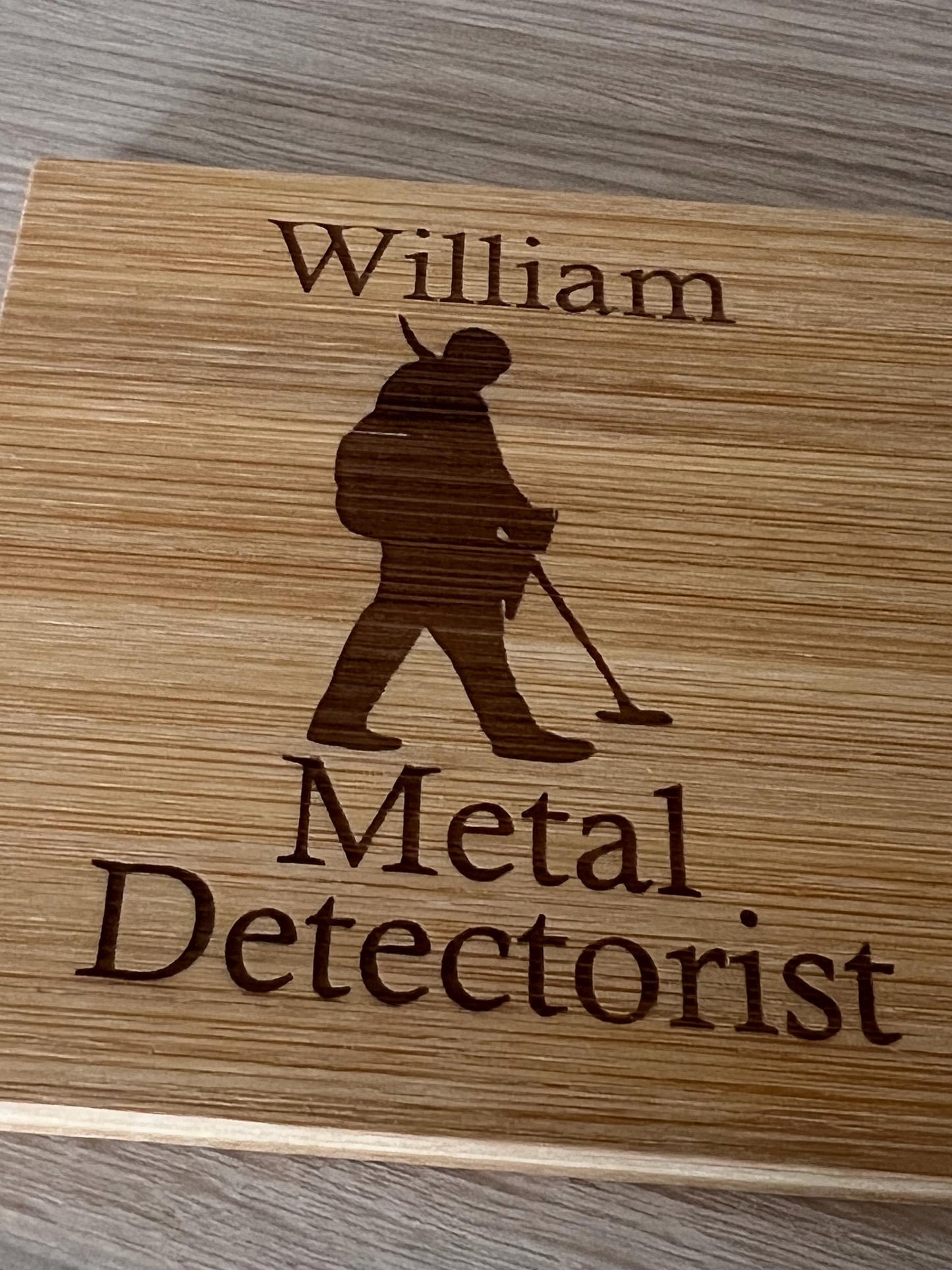 Personalised wooden engraved coaster. Metal detector with name. Metal Detectorist. great gift. Birthday, Hobby, anniversary.