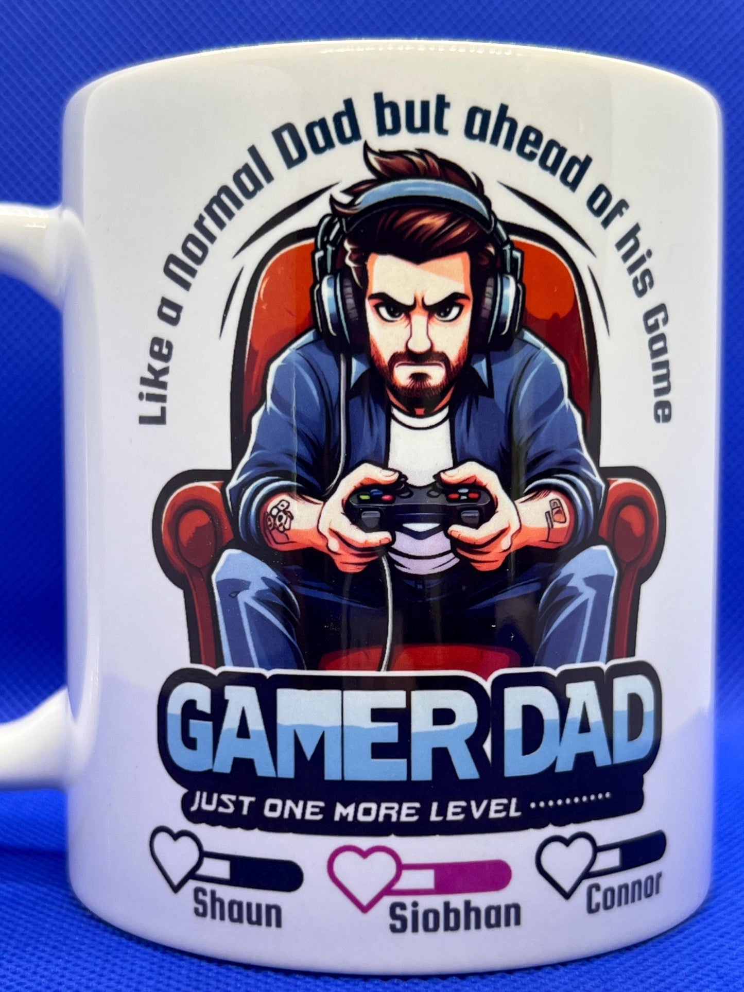 Personalised Gaming Dad mug. 11oz with child/ children’s names as lives. Father’s Day gift or Birthday gift, both sides with card option